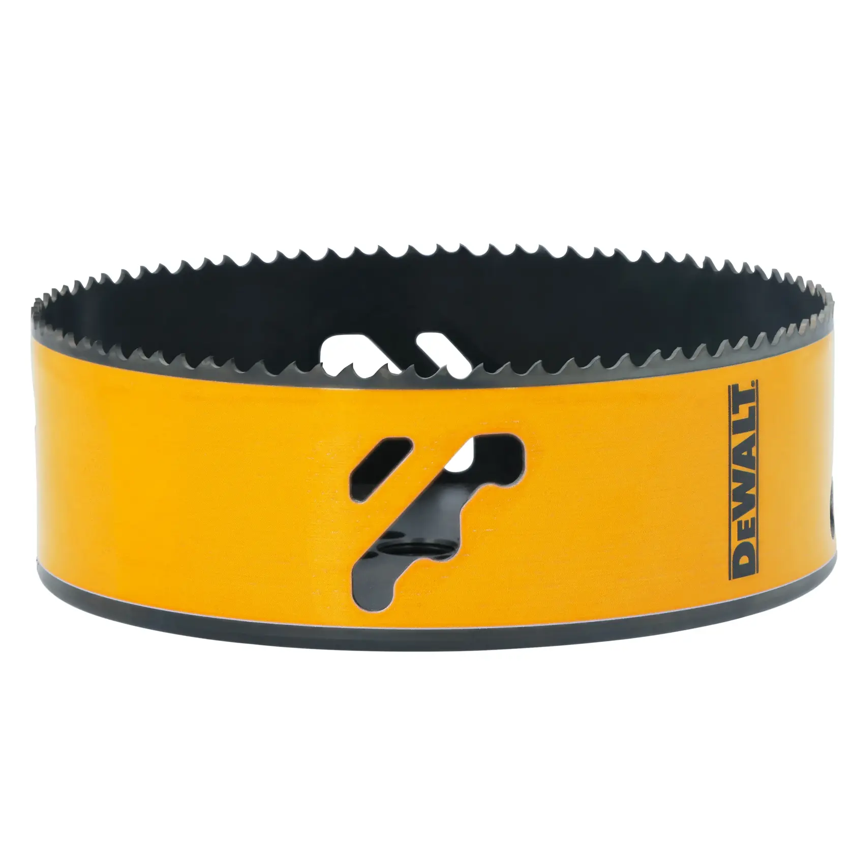 A DEWALT branded yellow hole saw with sharp teeth around its circular edge, used for cutting precise holes in materials.