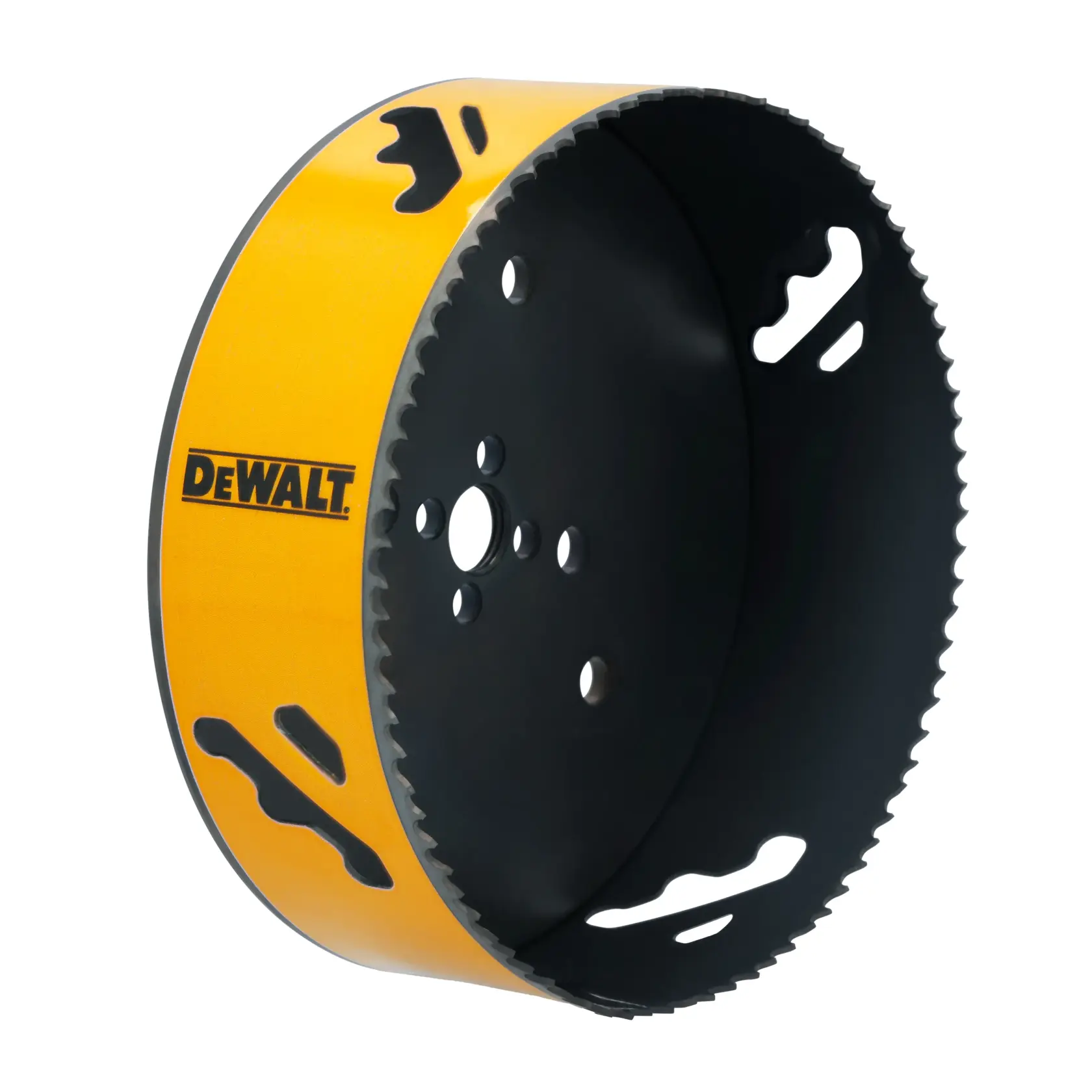 A large DEWALT hole saw with a yellow cylindrical body and sharp serrated cutting edge, designed for drilling large circular holes in various materials.