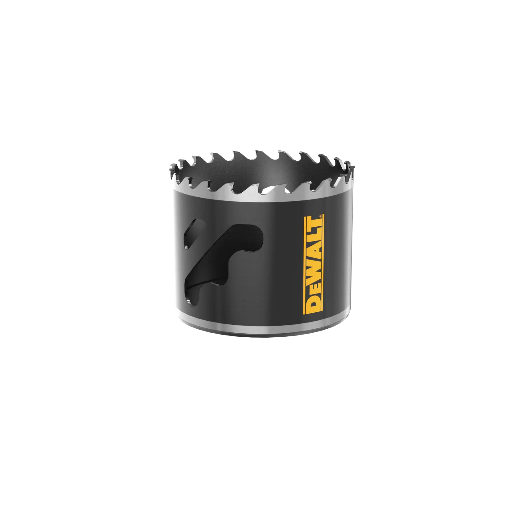 DEWALT metal hole saw with jagged teeth and logo, on a white background.