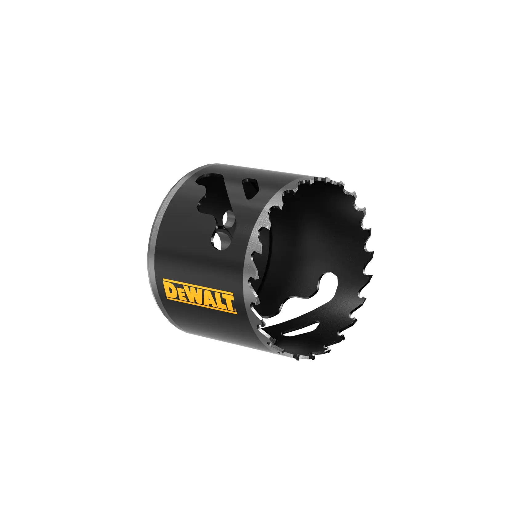 DEWALT hole saw bit with serrated edge, black and silver, viewed at an angle on a white background.