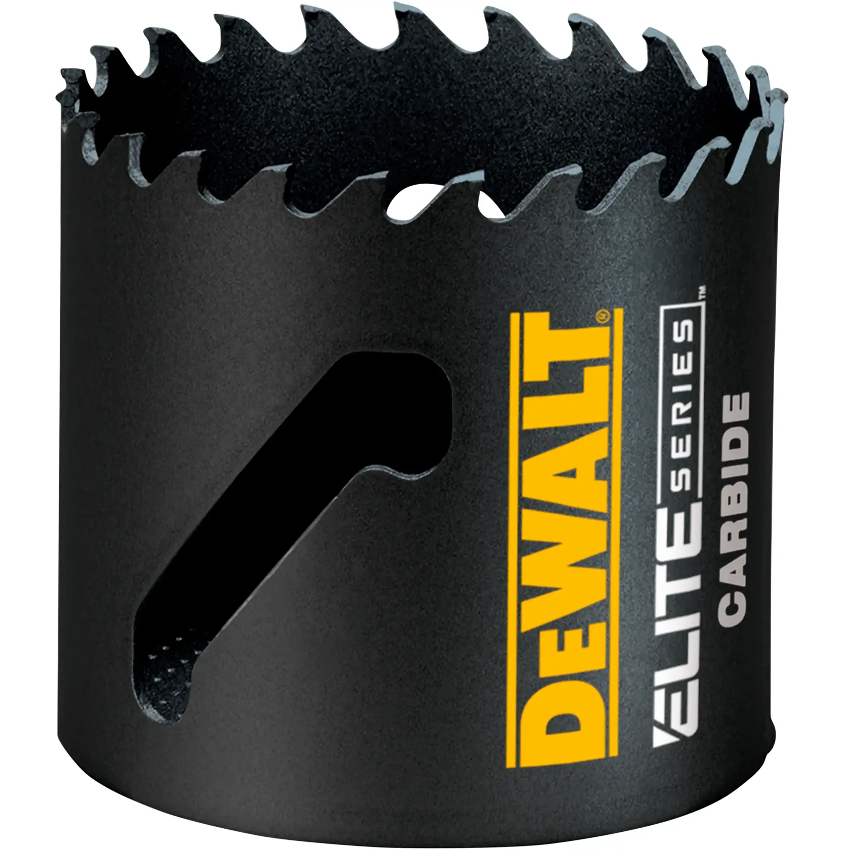 A DEWALT Elite Series carbide hole saw, black in color, with sharp carbide teeth. The DEWALT brand name is printed in yellow on the side, along with 'Elite Series Carbide' in white.