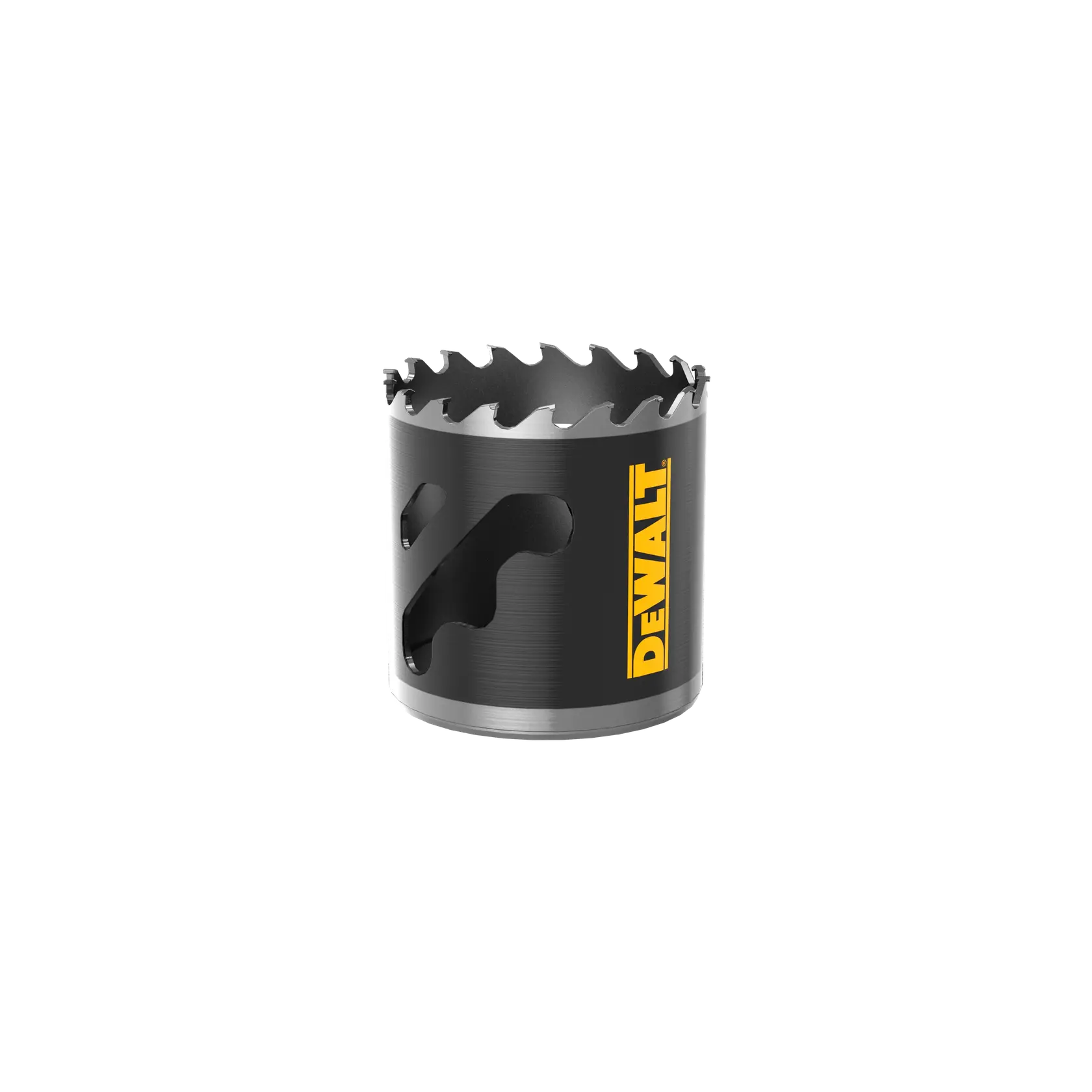 DEWALT hole saw with sharp teeth, black body, and yellow logo, used for drilling in wood or metal.