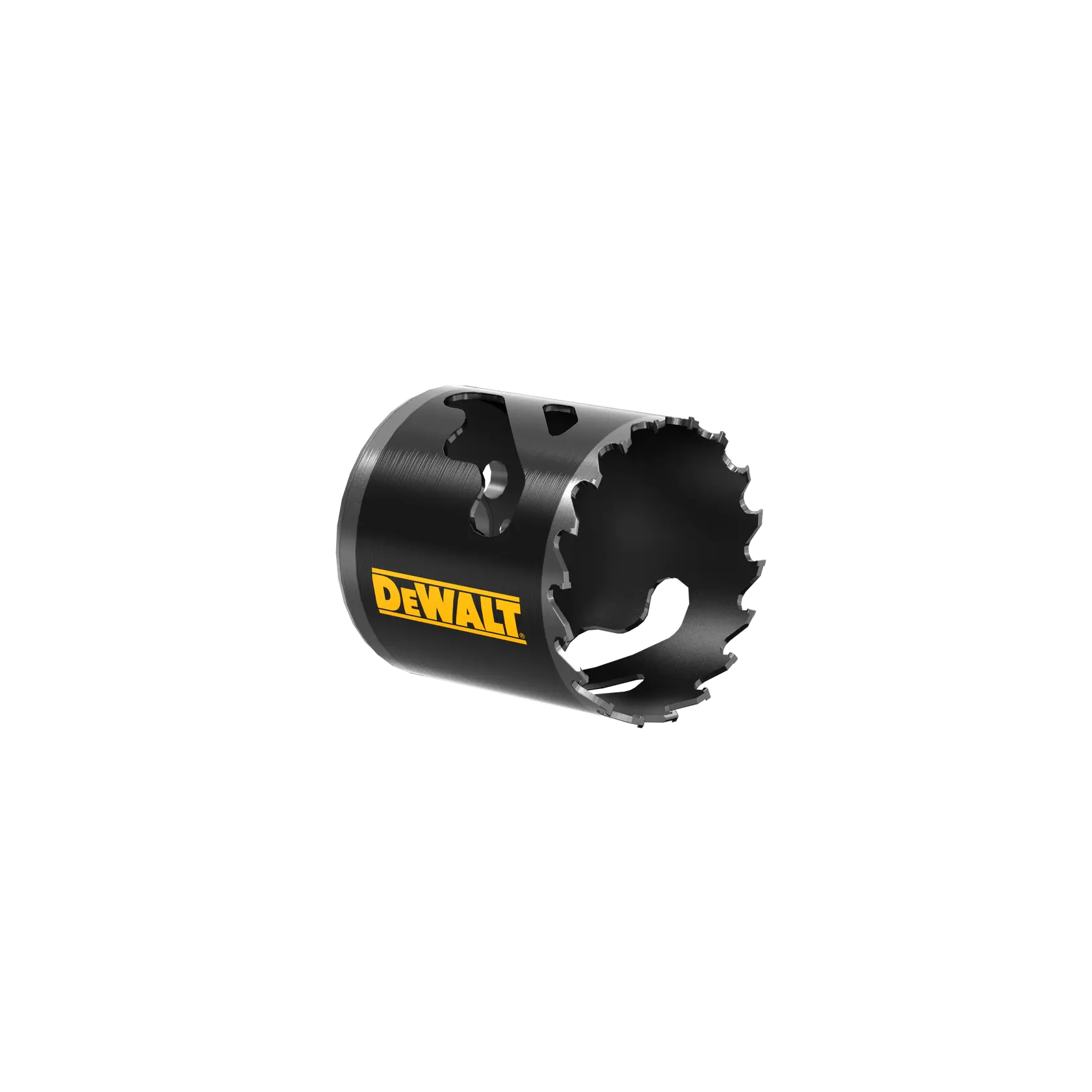DEWALT hole saw with serrated edge for cutting, black metal body with yellow logo, isolated on white.