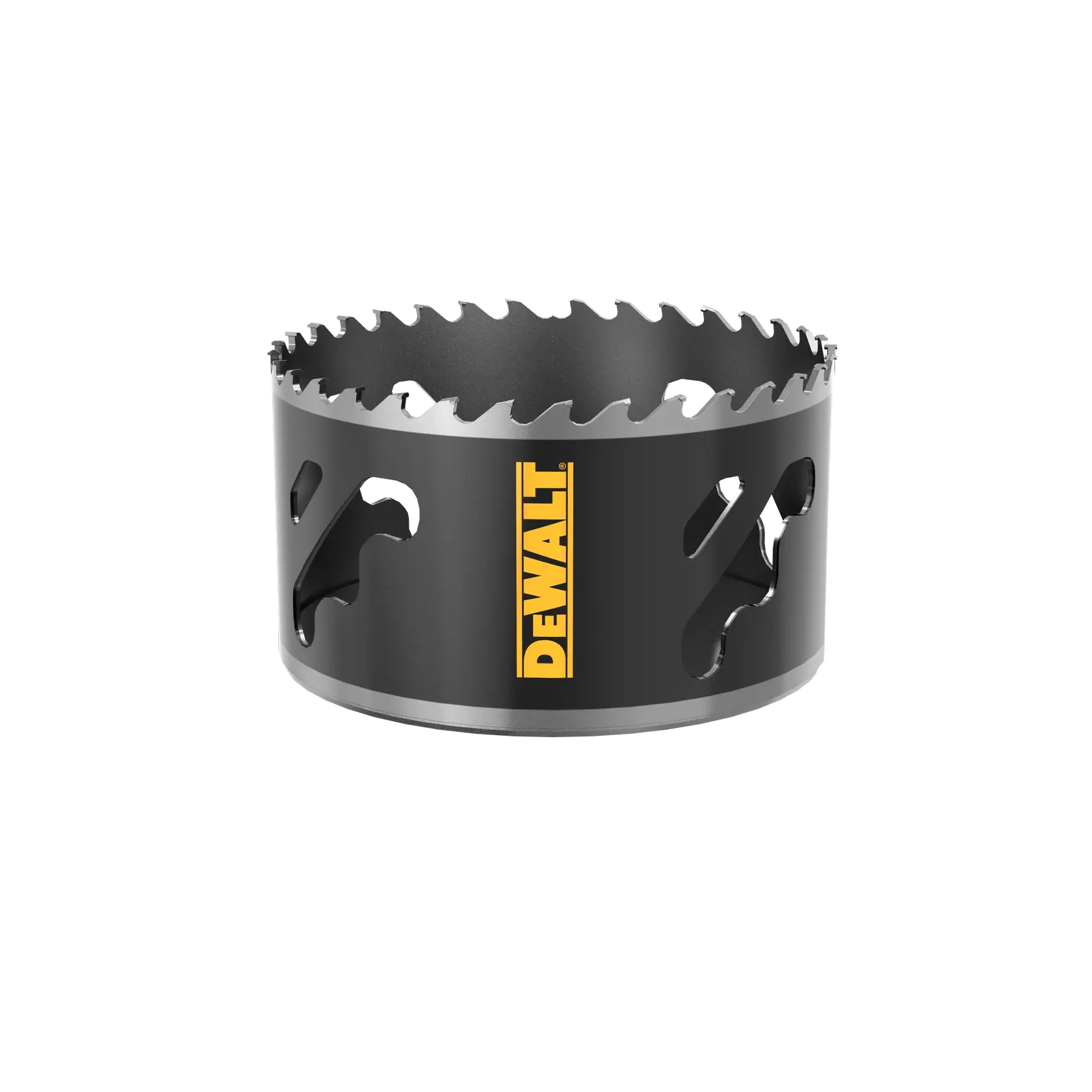 DEWALT branded metal hole saw with jagged cutting edge, designed for drilling large circular holes.