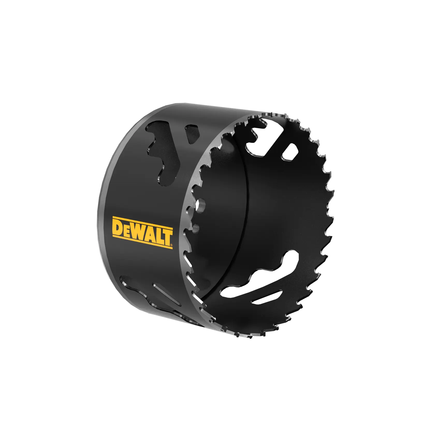 Black DEWALT hole saw with sharp teeth and logo, used for cutting holes in materials.