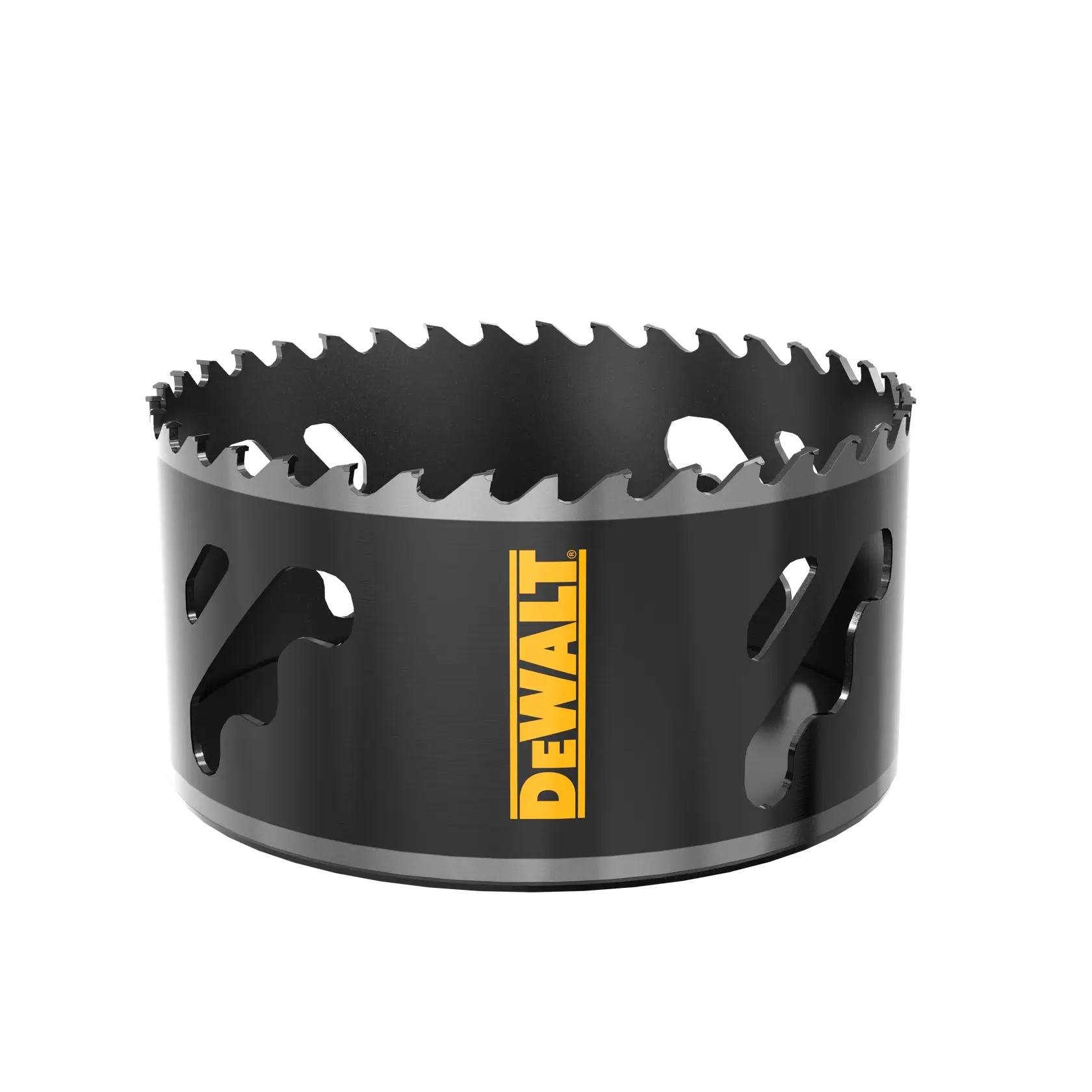 DEWALT metal hole saw with sharp teeth, black with yellow logo, for cutting circular holes.