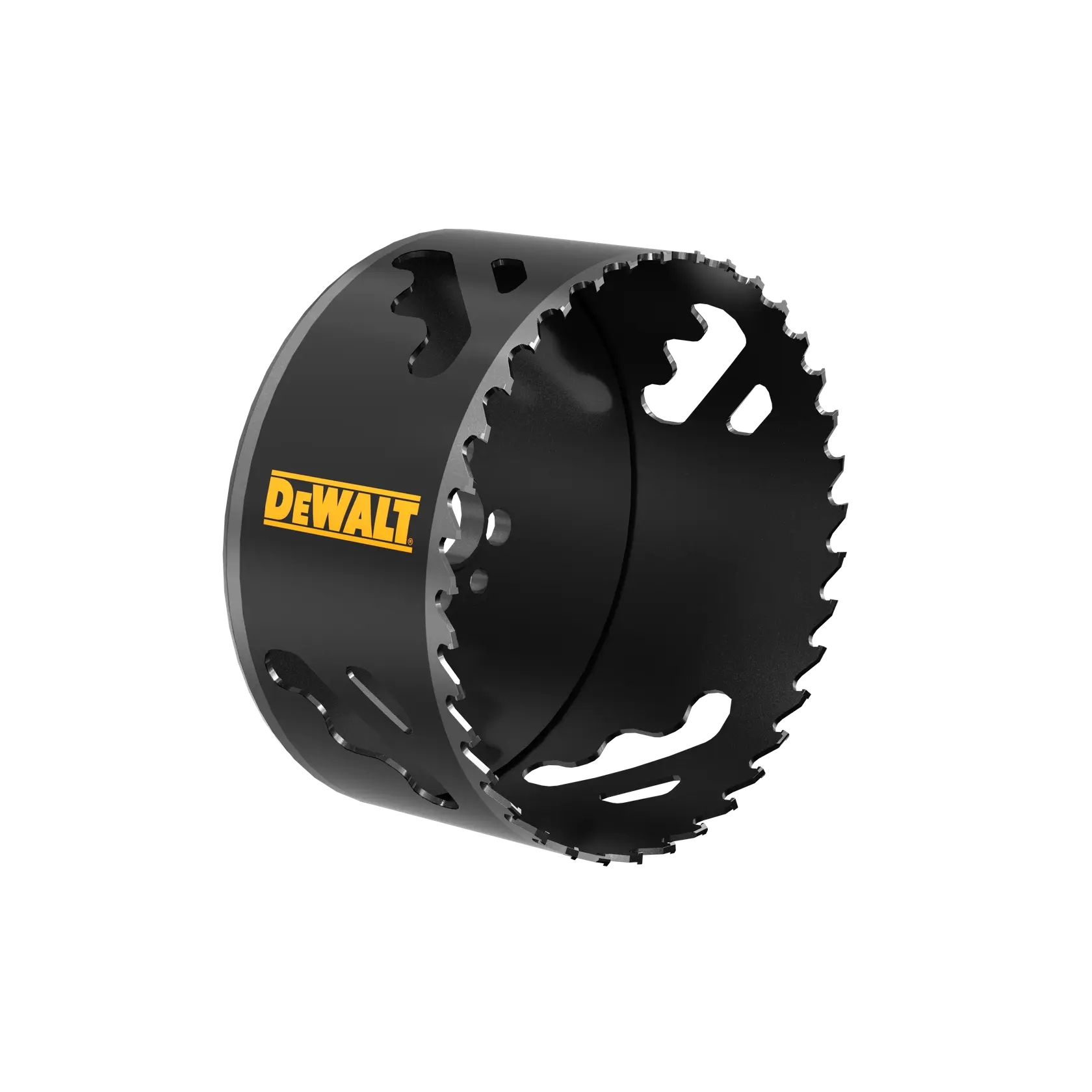 DEWALT black metal hole saw with jagged edge, used for cutting circular holes in materials.