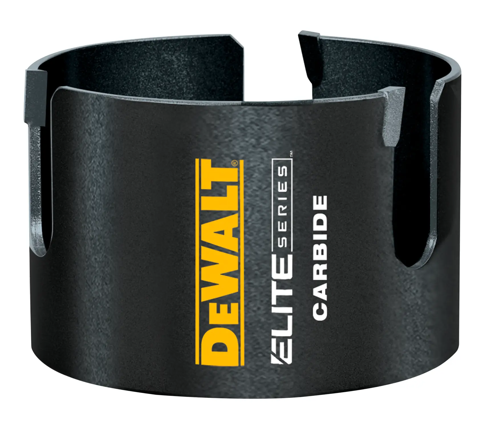 A DEWALT Elite Series carbide hole saw with a black cylindrical body and open slots around the edge, designed for drilling.