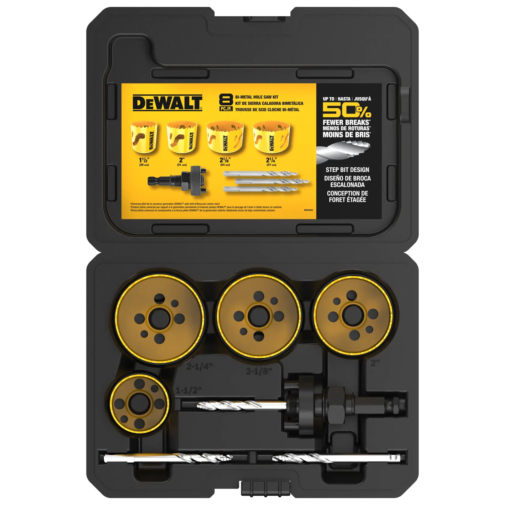 DEWALT hole saw kit with four gold saws, two drill bits, and accessories in a black case.