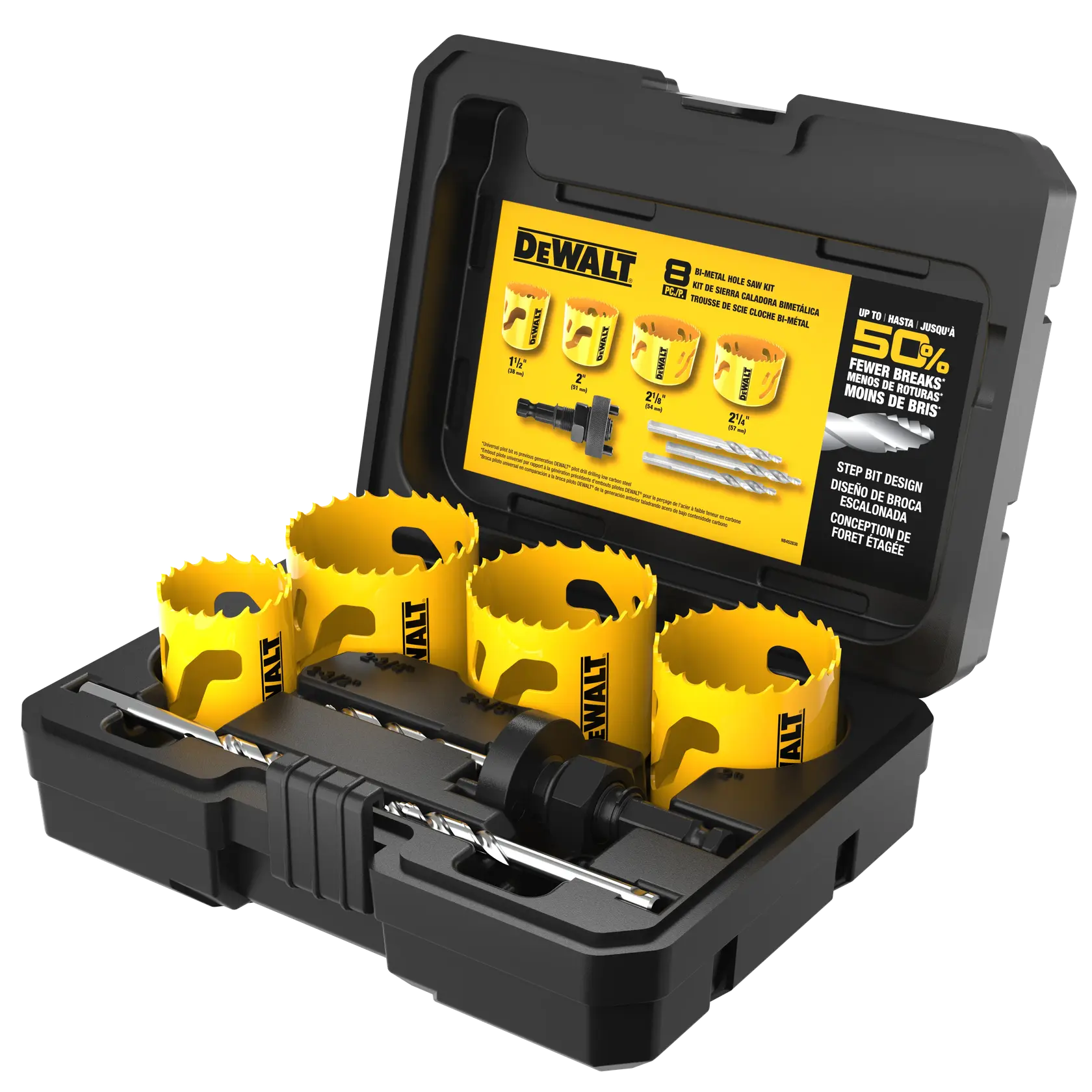 DEWALT hole saw set with yellow saws and accessories in a black plastic carrying case.