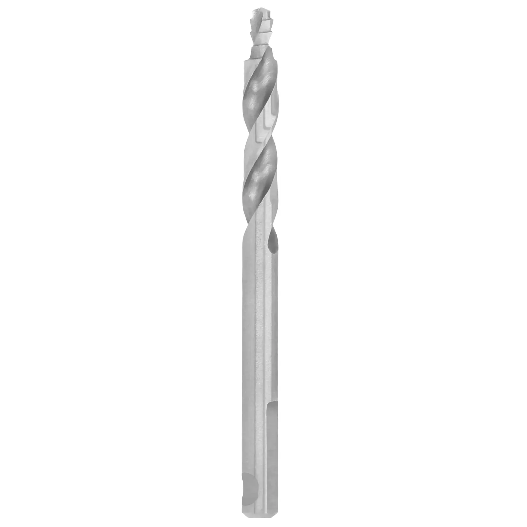 Single gray metal drill bit with a spiral design, shown vertically against a plain white background.