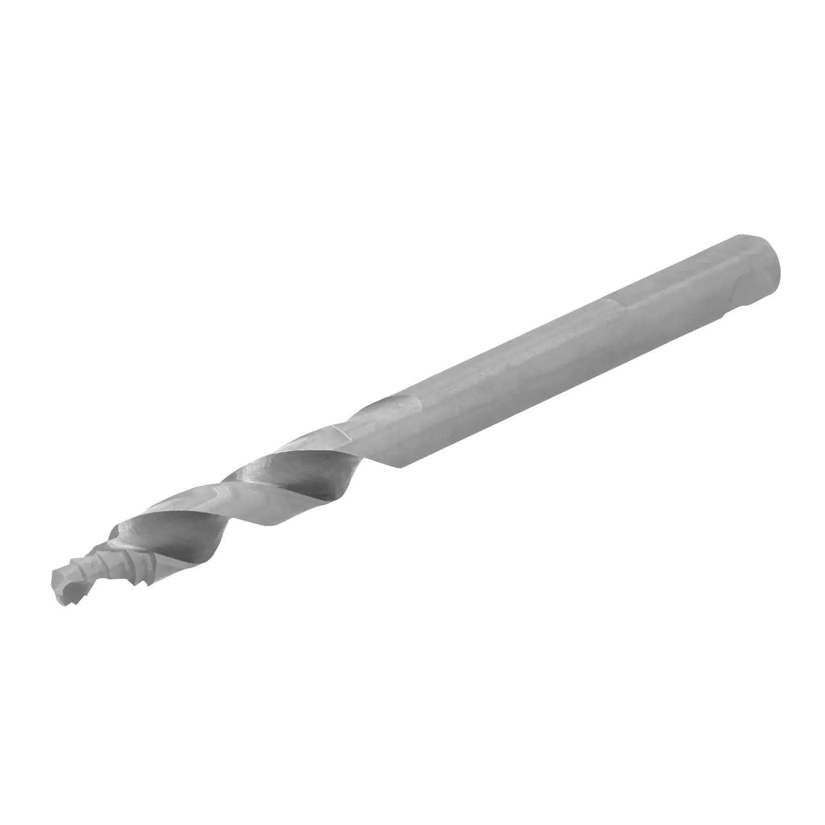 Metal twist drill bit with spiral grooves, isolated on a white background.