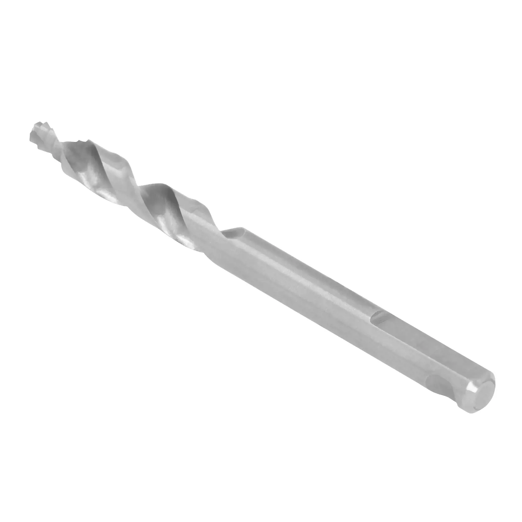 A silver DEWALT drill bit with a spiral design, shown on a white background.