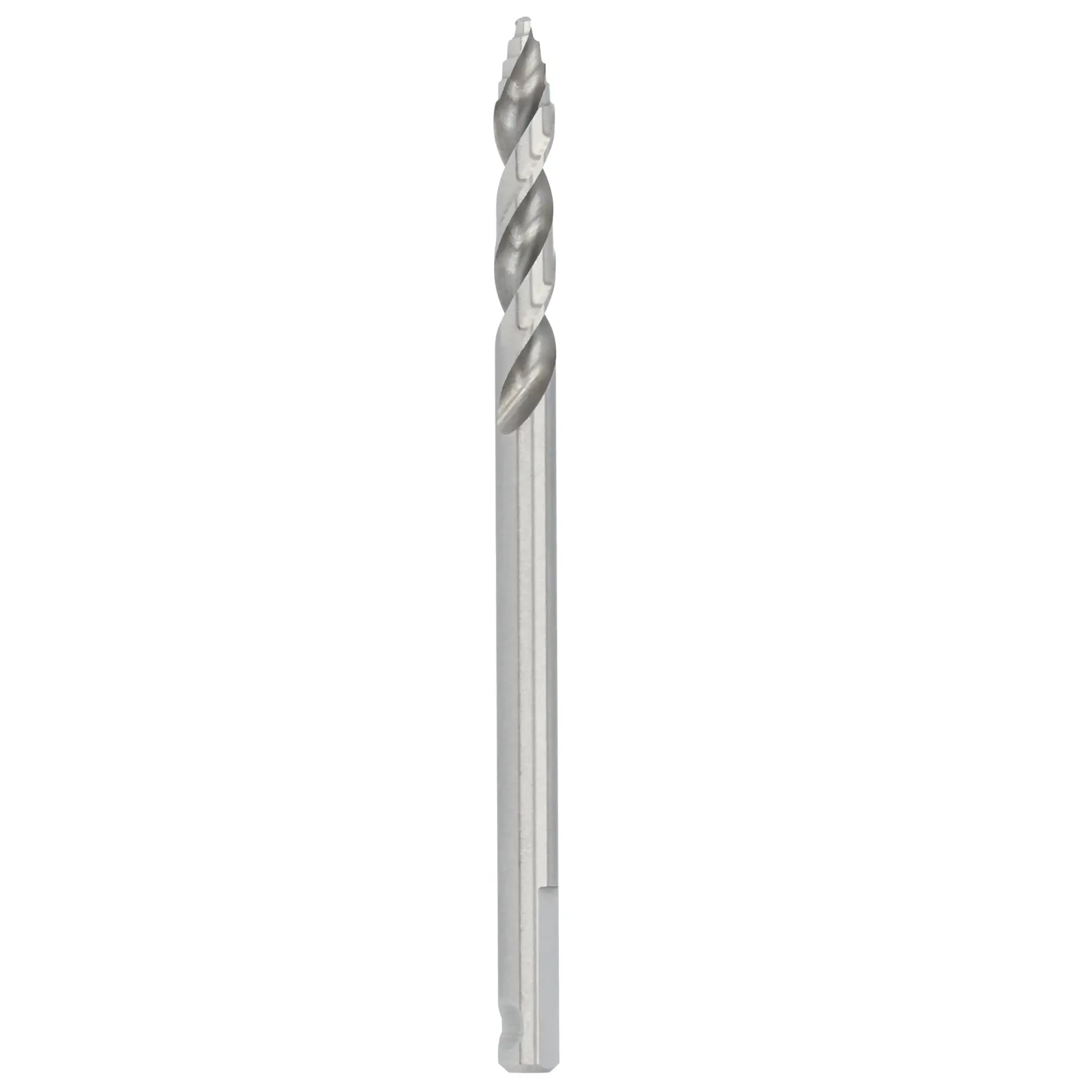 Metal drill bit with spiral flute, standing vertically on a white background.