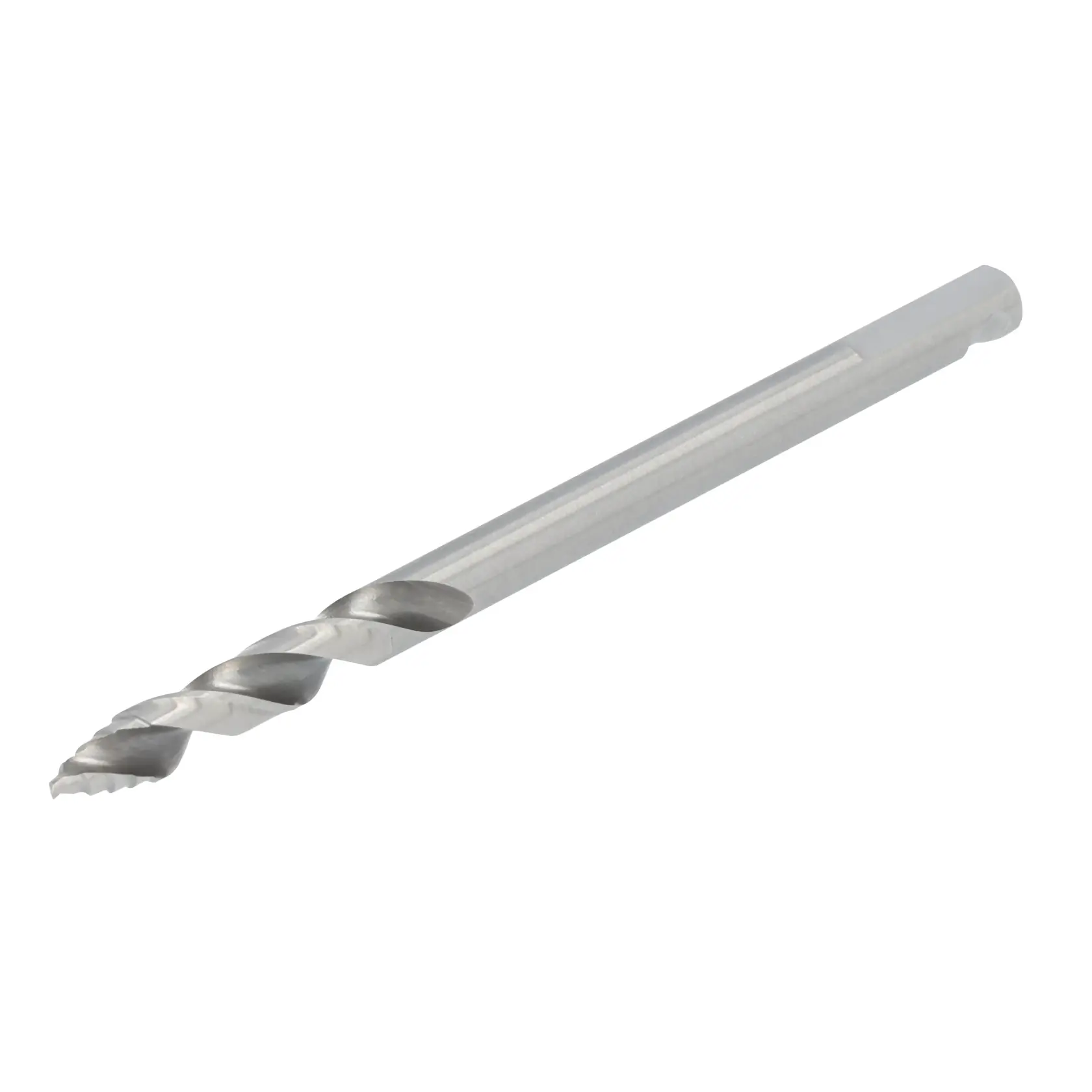 Metal drill bit with spiral flutes shown against a white background.