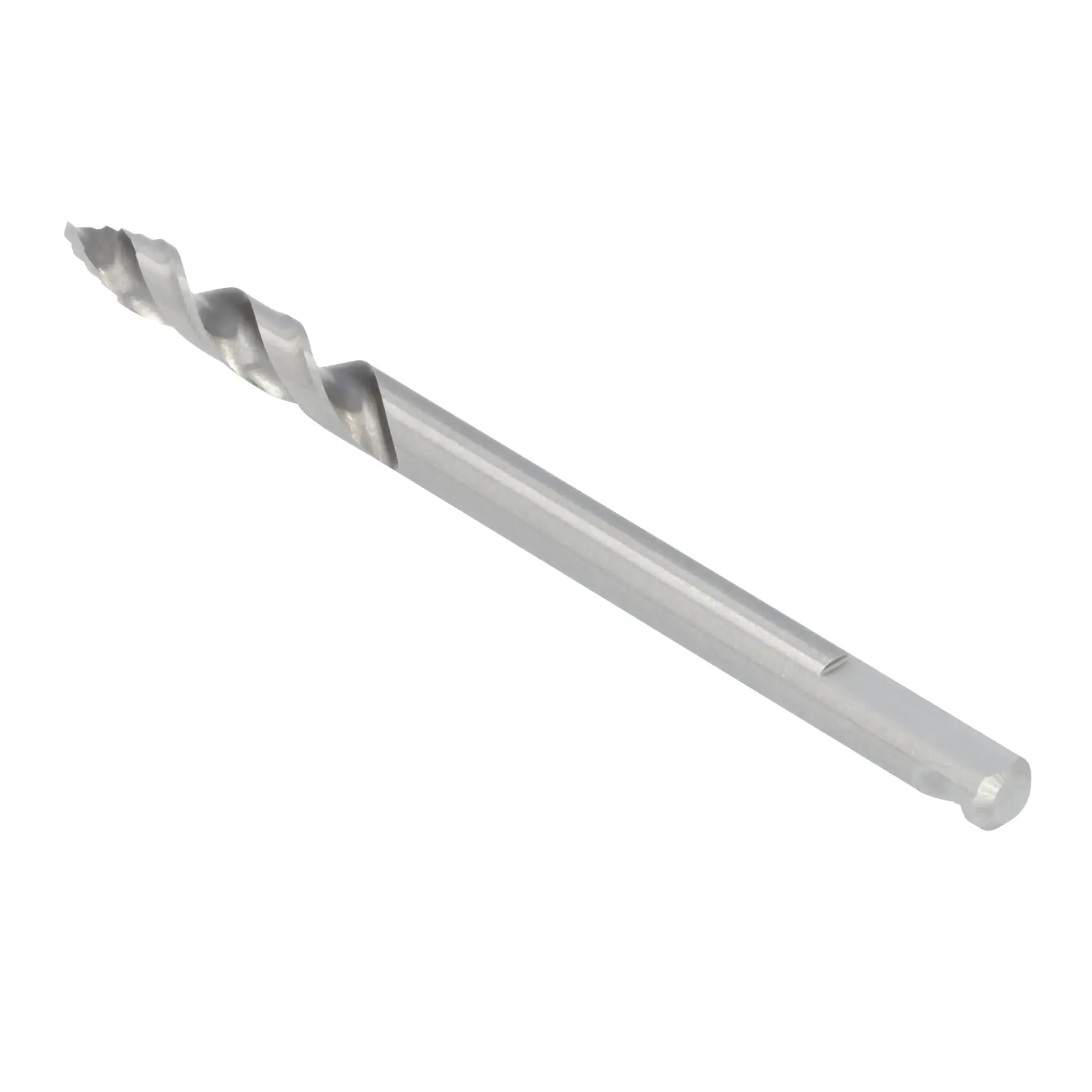 Close-up of a silver DEWALT drill bit with spiral flutes, used for precise drilling in various materials.