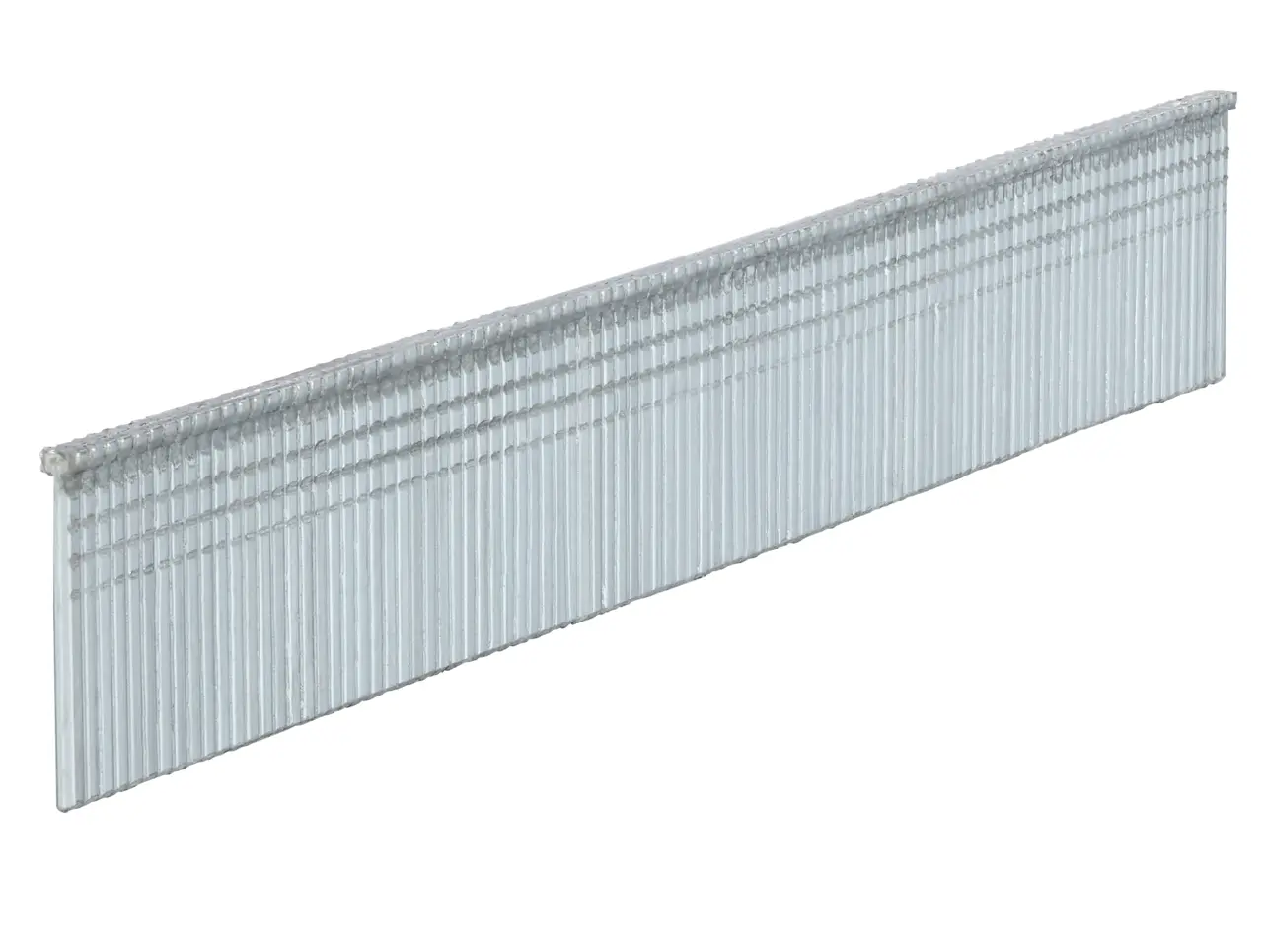 A close-up image of a strip of silver-colored DEWALT brad nails, designed for use in a nail gun.