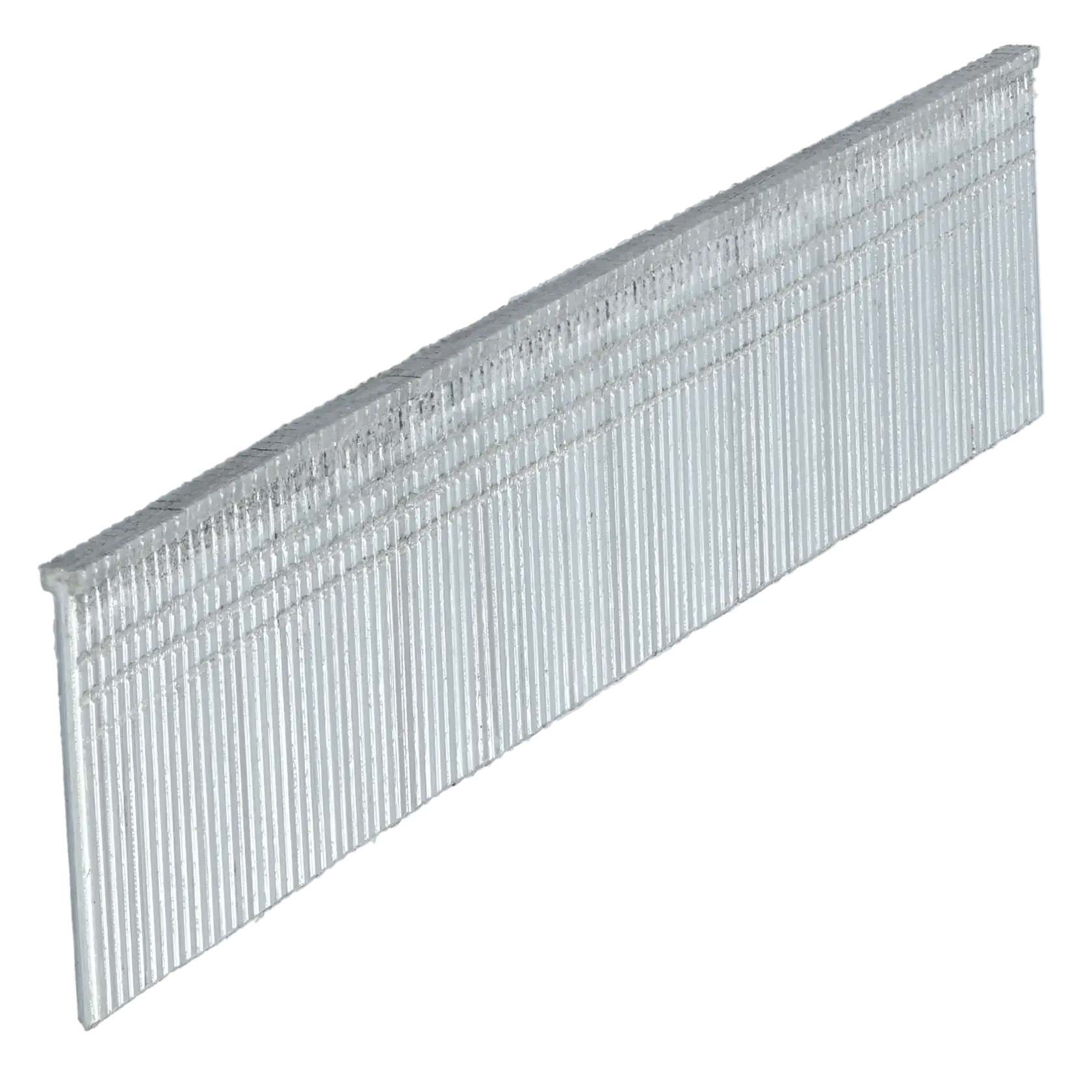 A close-up image of a strip of metallic finishing nails or brad nails, typically used in a nail gun for woodworking or construction.