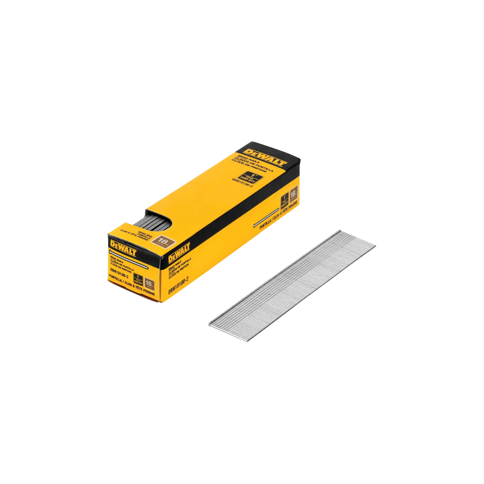 A box of DEWALT 18 gauge brad nails (SKU: DBN18100-2) with a strip of the nails displayed next to the box. The packaging is yellow and black, and the nails are metallic and arranged in a neat, flat strip.