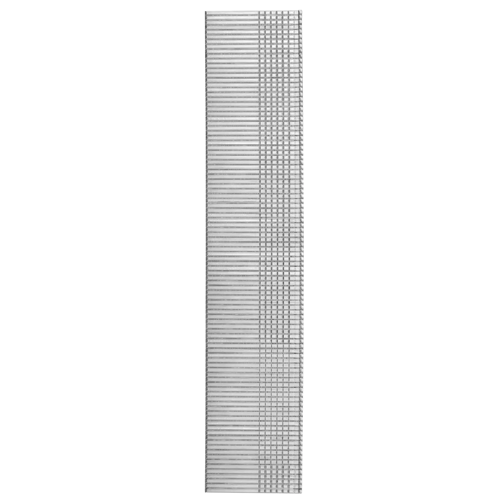 A close-up image of a strip of silver 18 gauge brad nails, aligned vertically. The nails are held together by a thin adhesive strip, typically used in nail guns for woodworking or carpentry.