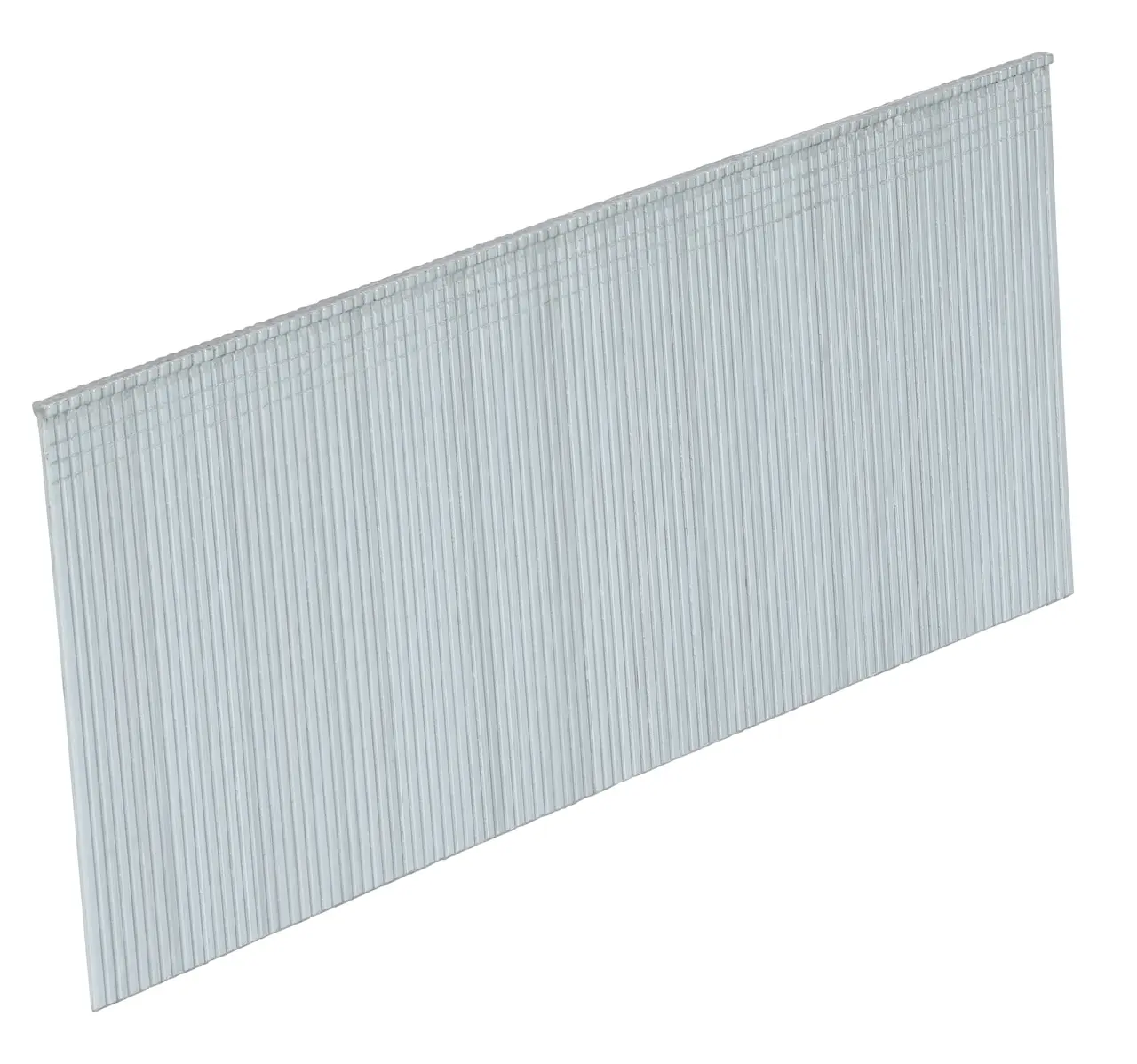 A close-up image of a strip of straight finishing nails, arranged together in a flat, rectangular form with pointed ends. The nails are metallic and commonly used in nail guns for woodworking or carpentry.