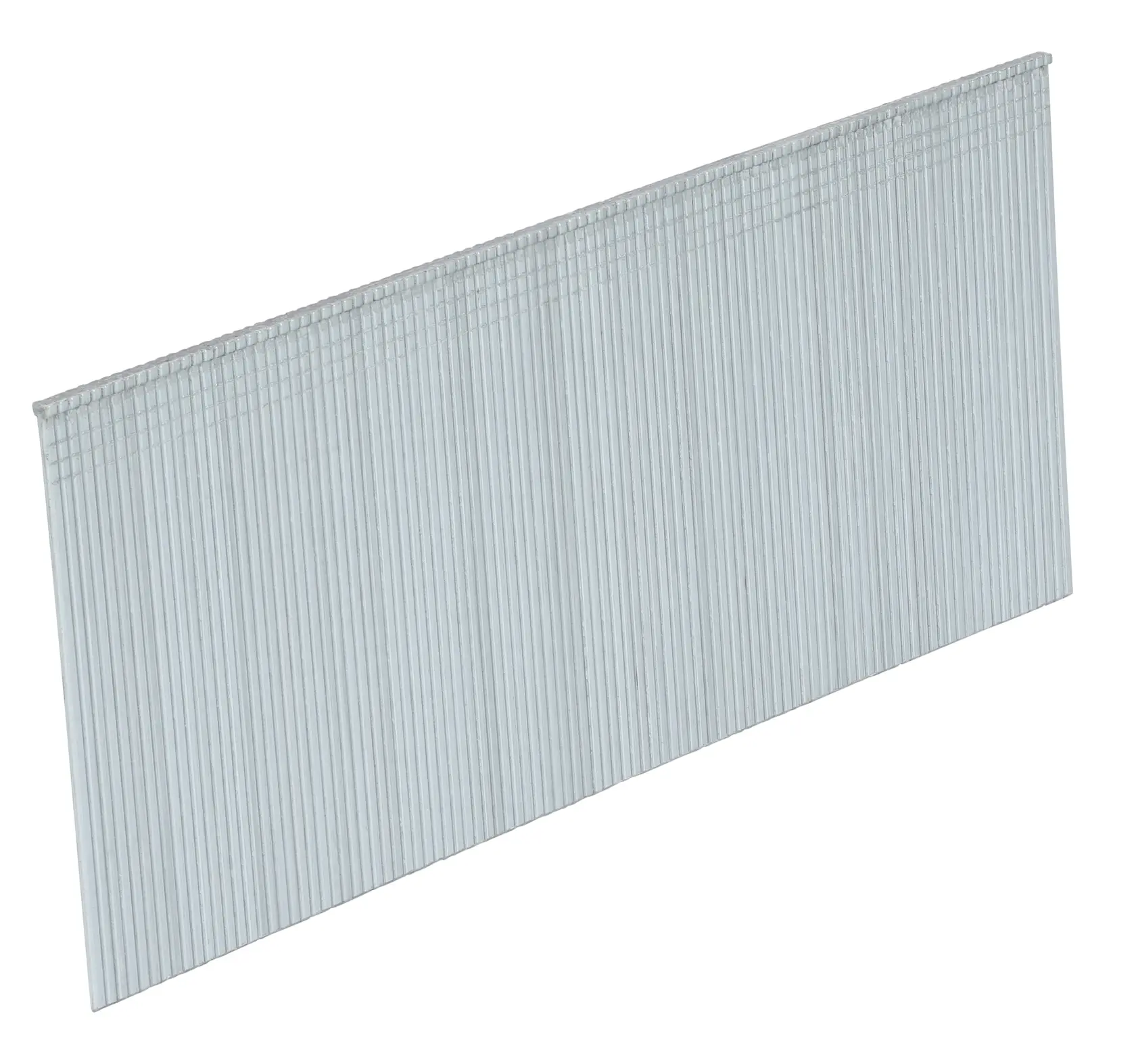 A close-up image of a strip of straight finishing nails, arranged together in a flat, rectangular form with pointed ends. The nails are metallic and commonly used in nail guns for woodworking or carpentry.