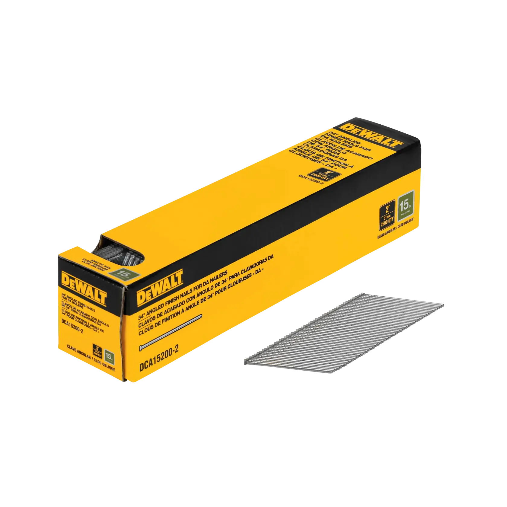 A box of DEWALT 34° angled finish nails for nailers, SKU DCA15200-2, with several nails displayed beside the yellow and black box.