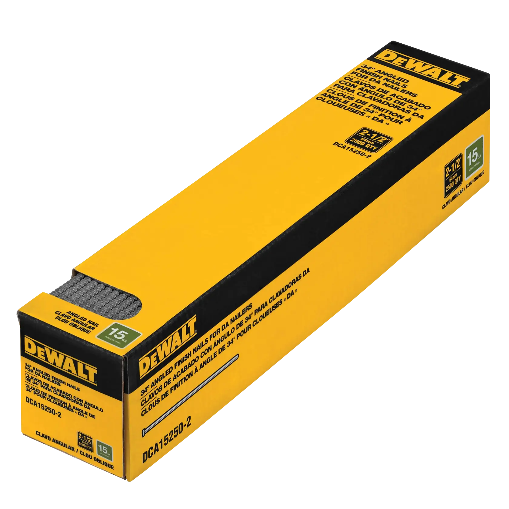 A yellow and black DEWALT branded box containing 2-1/2 inch, 15 gauge, 34-degree angled finish nails for DA nailers. The SKU on the box is DCA15250-2.