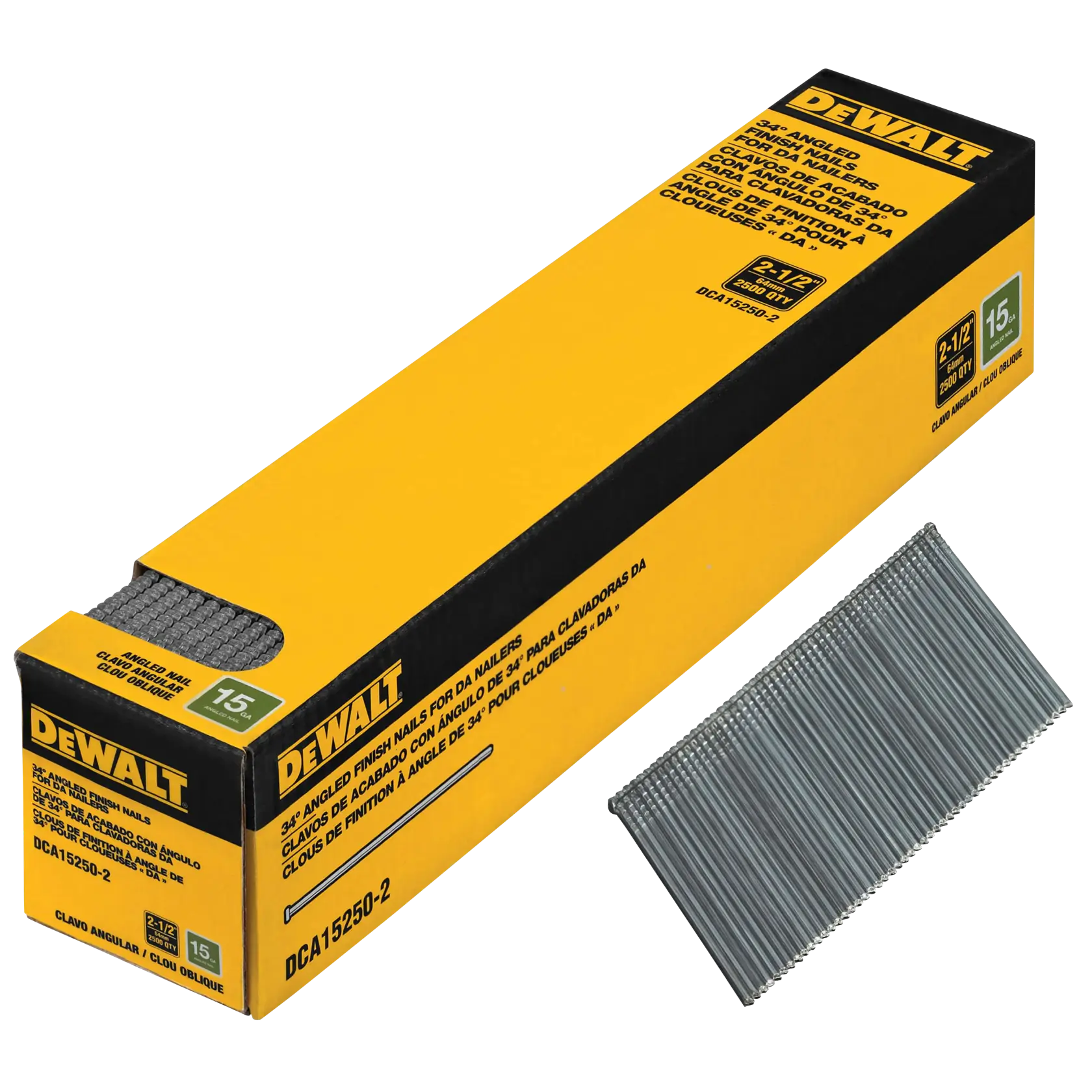 A box of DEWALT 15-gauge 2-1/2 inch angled finish nails with a bundle of nails displayed beside the packaging. The box is yellow and black with product information clearly visible.