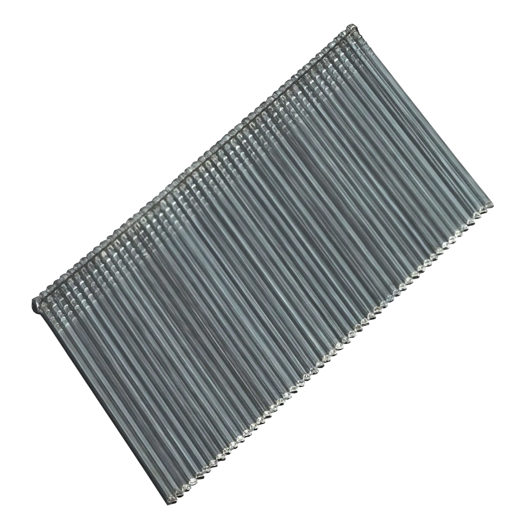 A close-up image of a strip of DEWALT metal nails lined up in a row, used for a nail gun.