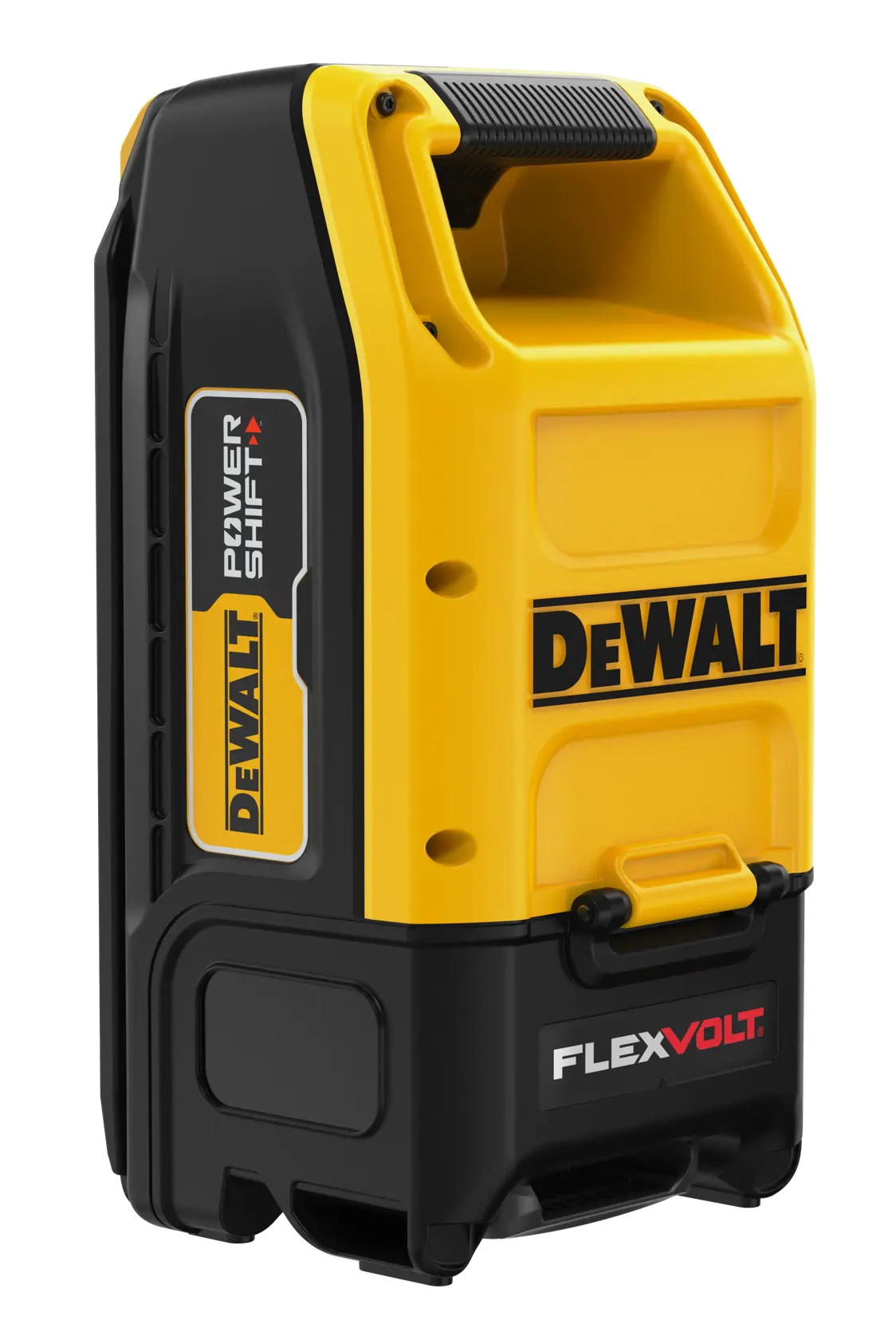 A portable DEWALT PowerShift FLEXVOLT battery system in yellow and black, featuring a sturdy handle on top and branded logos on the body.