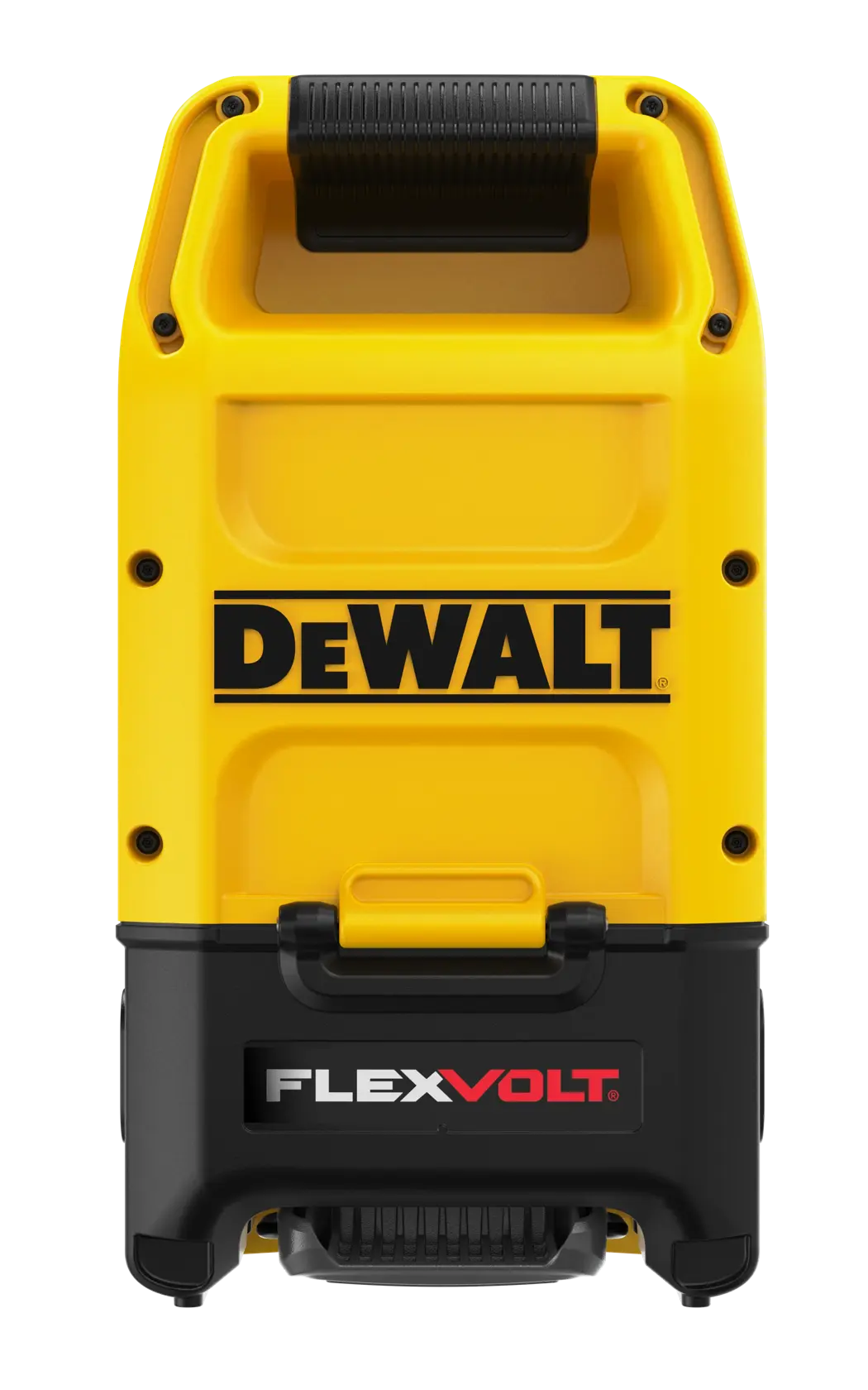 Front view of a yellow and black DEWALT device with a handle, featuring the DEWALT logo in the center and the FLEXVOLT branding near the bottom.