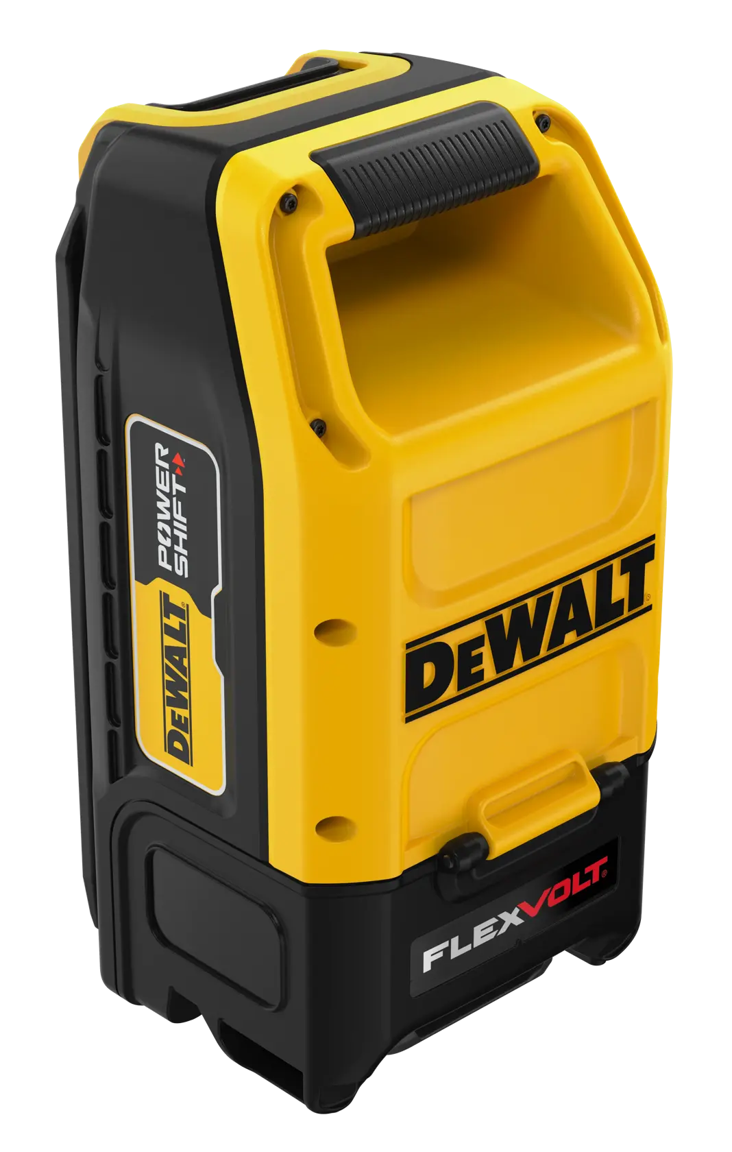 A portable yellow and black DEWALT Power Shift FLEXVOLT battery pack with a handle, designed for use with DEWALT power tools.