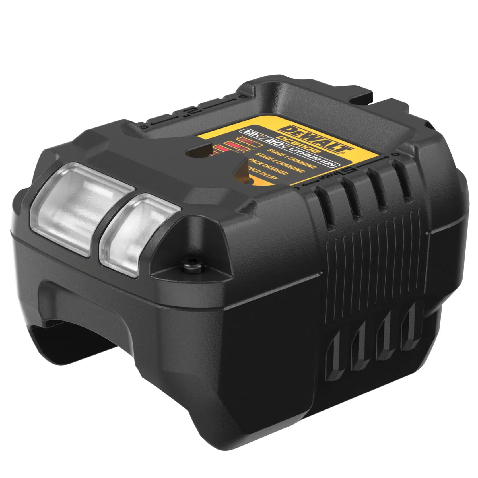 Photo of DEWALT battery charger, model DCB1102-AR, DCB1102, DCB1102-BR, black with yellow label, angled view.