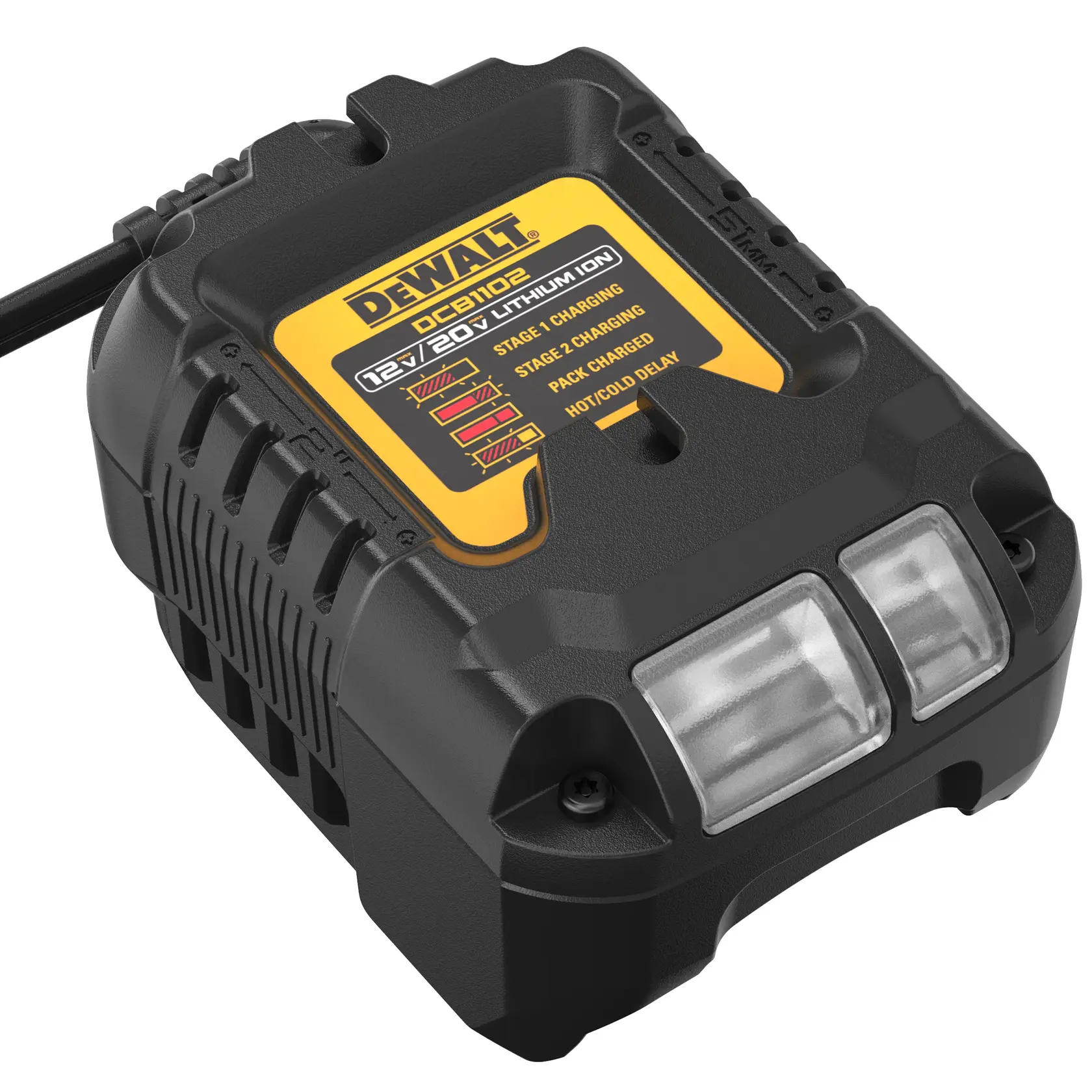 DEWALT battery charger, black and yellow, SKUs DCB1102-AR, DCB1102, DCB1102-BR, angled view, for 12V/20V batteries.