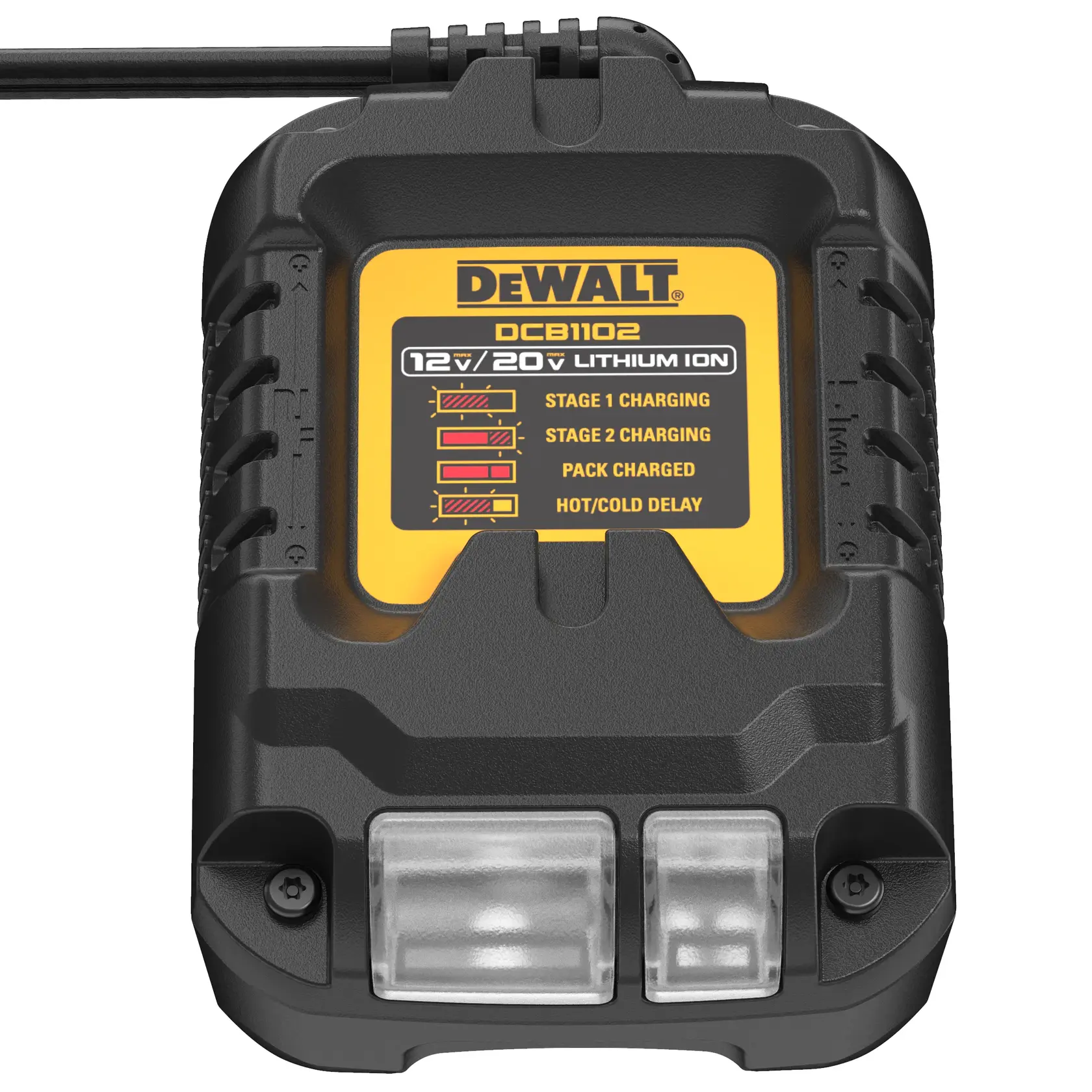 Photo of DEWALT battery charger, black, front angle. SKUs: DCB1102-AR, DCB1102, DCB1102-BR.
