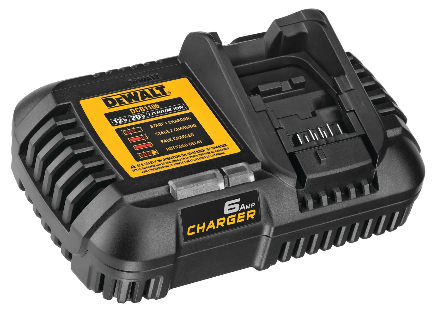 A DEWALT DCB1106 battery charger for 12V and 20V lithium-ion batteries, shown in black and yellow with a labeled indicator for charging stages and a 6 amp rating.