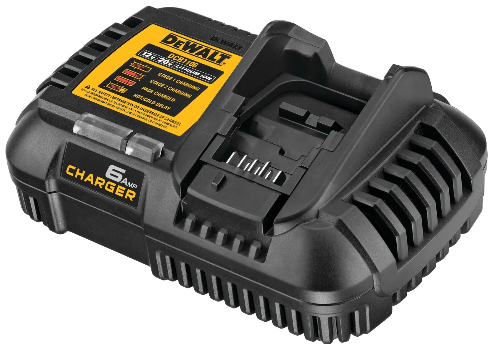 A black DEWALT DCB1106 6 Amp battery charger for 12V and 20V MAX lithium-ion batteries, showing its charging slot and labeled yellow information panel.