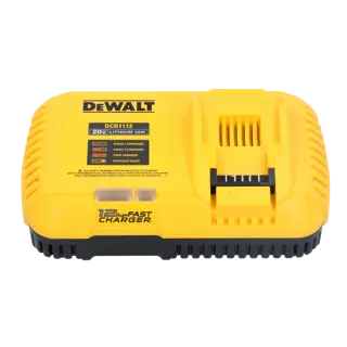 A DEWALT DCB1112 20V Lithium Ion 12 Amp Fast Charger. The charger is yellow with black accents and features indicator lights and labeled charging stages on the front. It is designed for charging DEWALT 20V batteries.