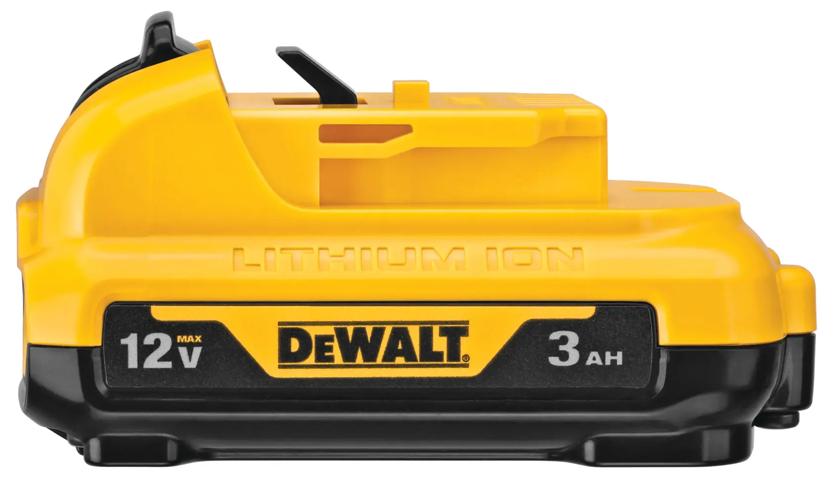 A yellow and black DEWALT 12V 3Ah lithium-ion battery pack.