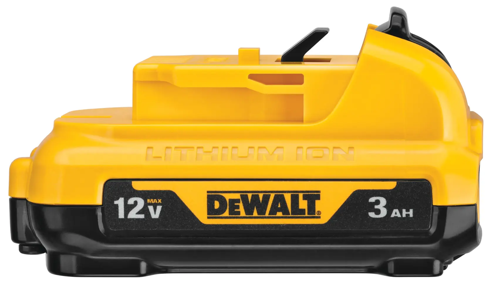 A yellow and black DEWALT 12V MAX 3Ah lithium-ion battery, model DCB124, shown in a side view.