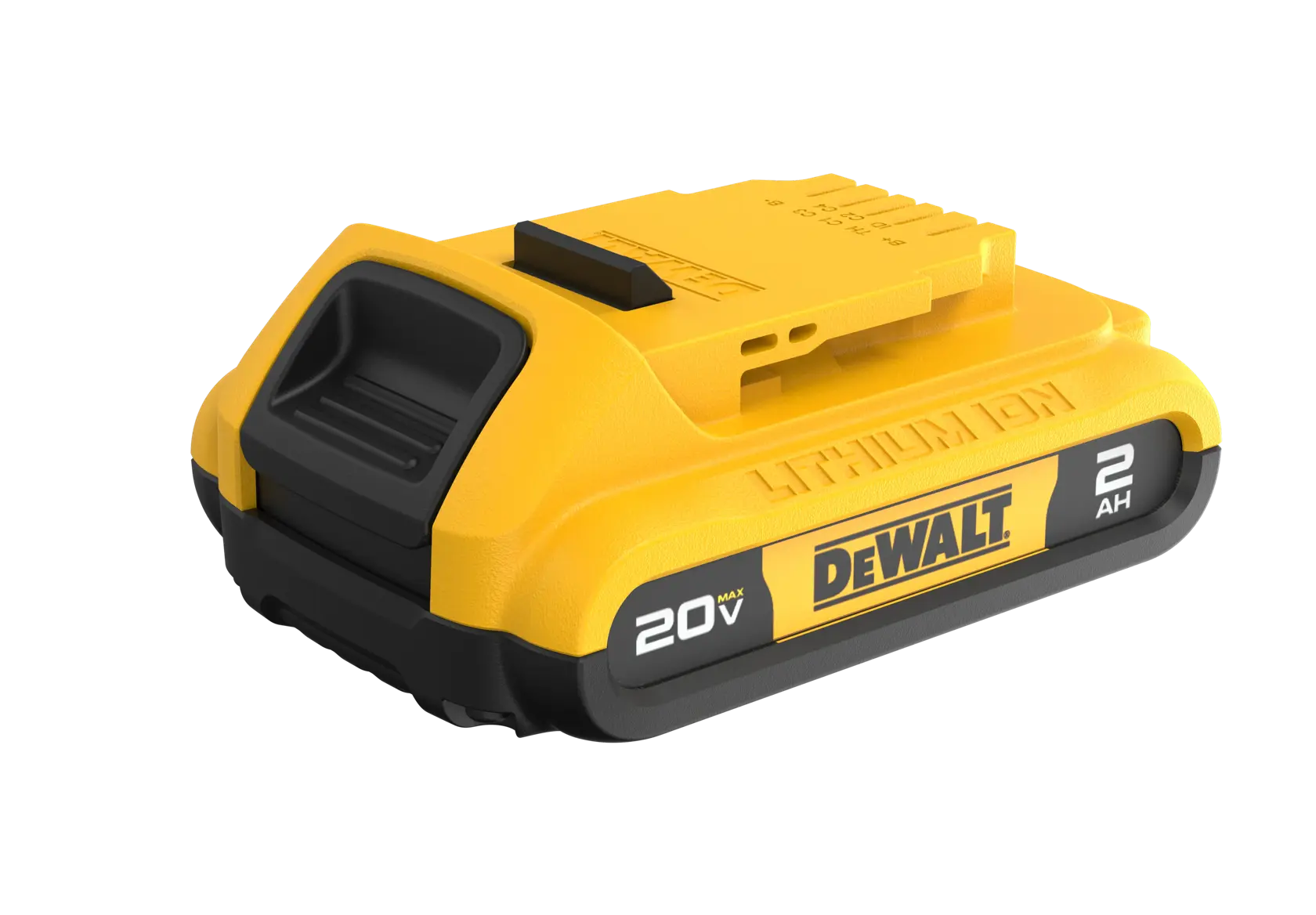 20 volt max two amp hour battery viewed from above with a slight angle