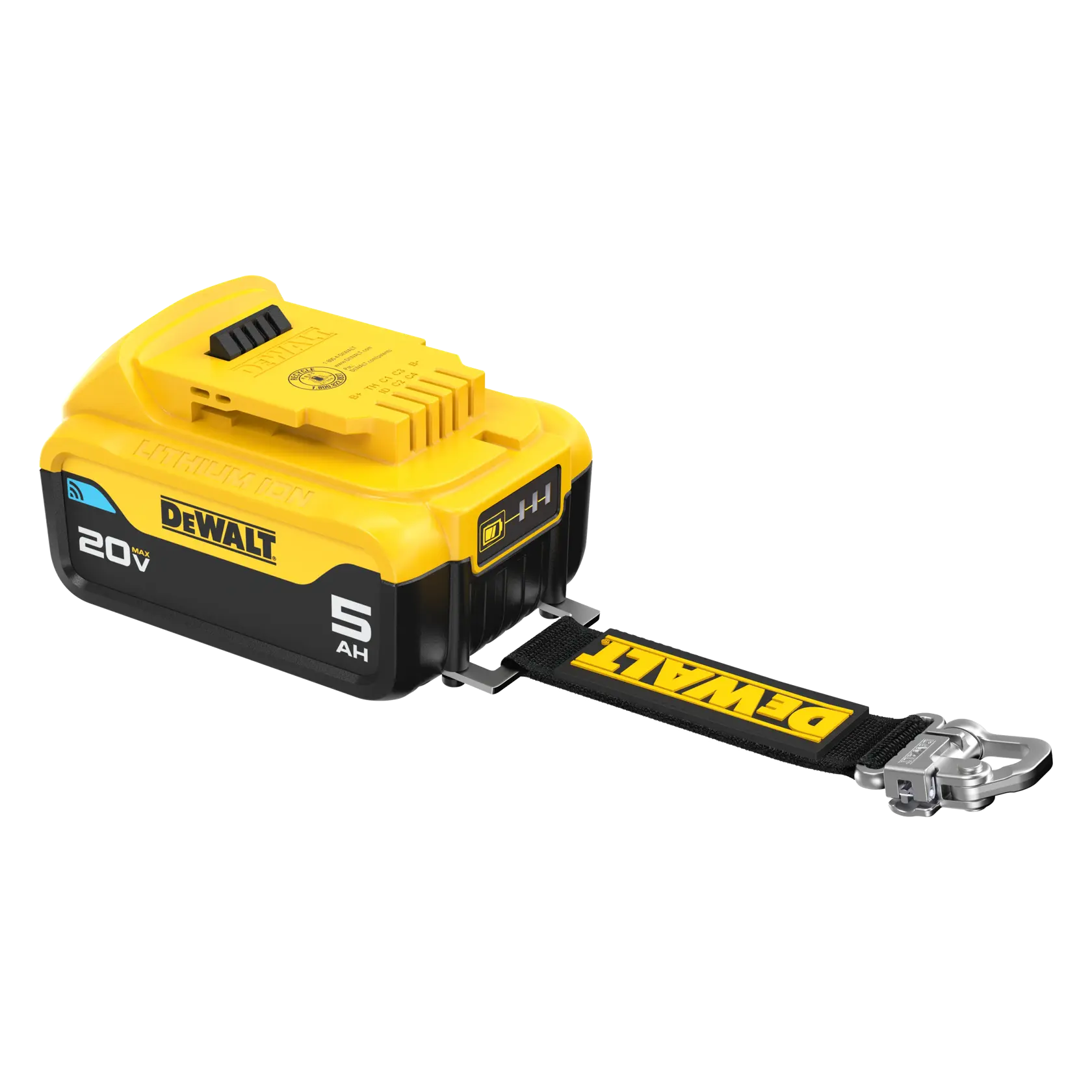 DCB205BLR 20V MAX* Bluetooth Lanyard Ready 5 Ah Battery angled front view 