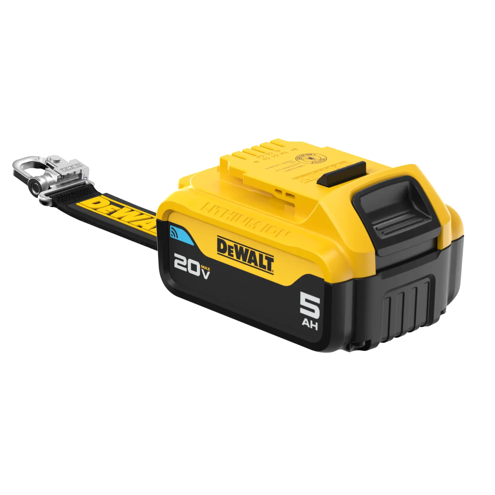 DCB205BLR 20V MAX* Bluetooth Lanyard Ready 5 Ah Battery top angled view 