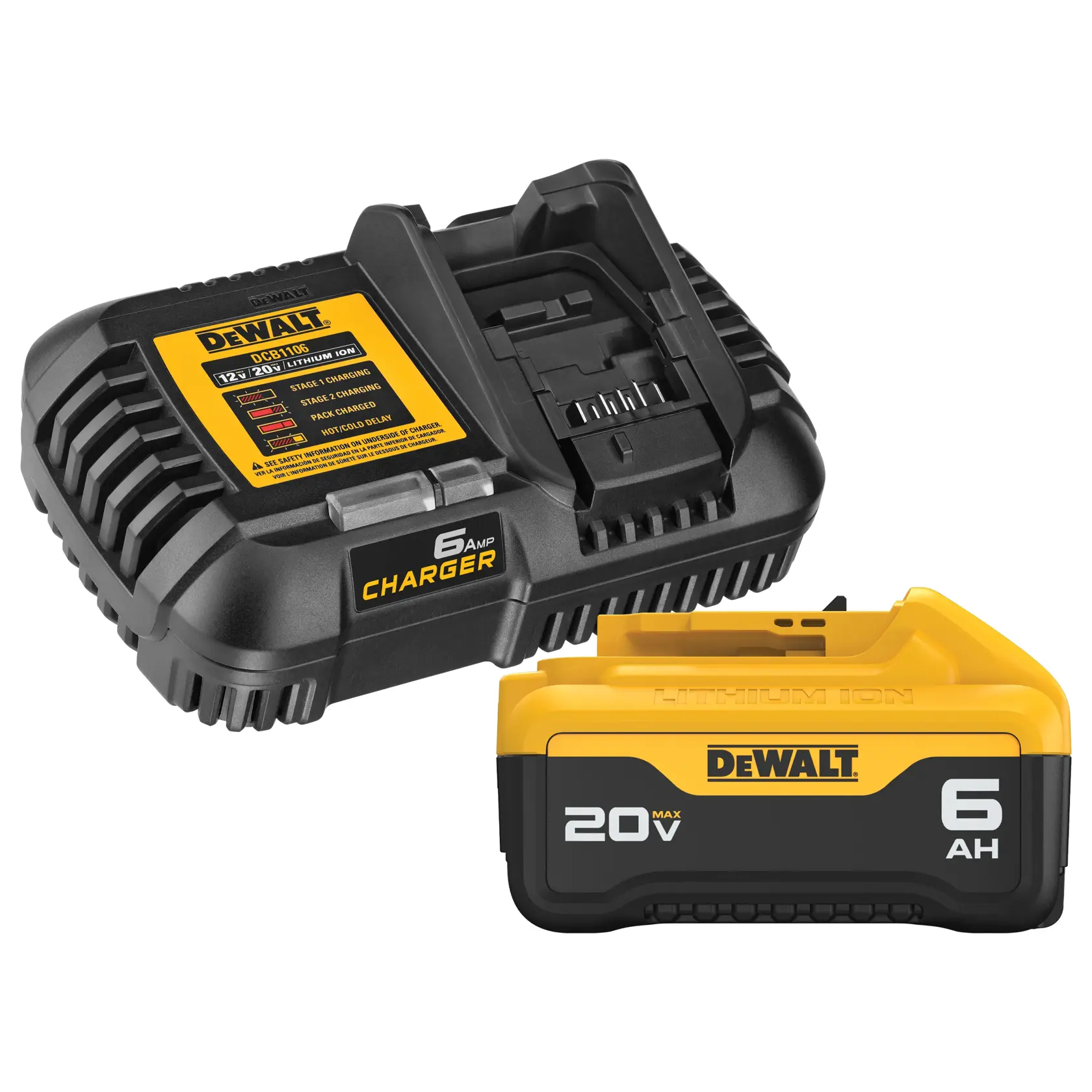 A DEWALT battery charger and a lithium-ion battery pack, with the charger labeled for 6 amp charging and the battery labeled as 20V Max 6Ah.