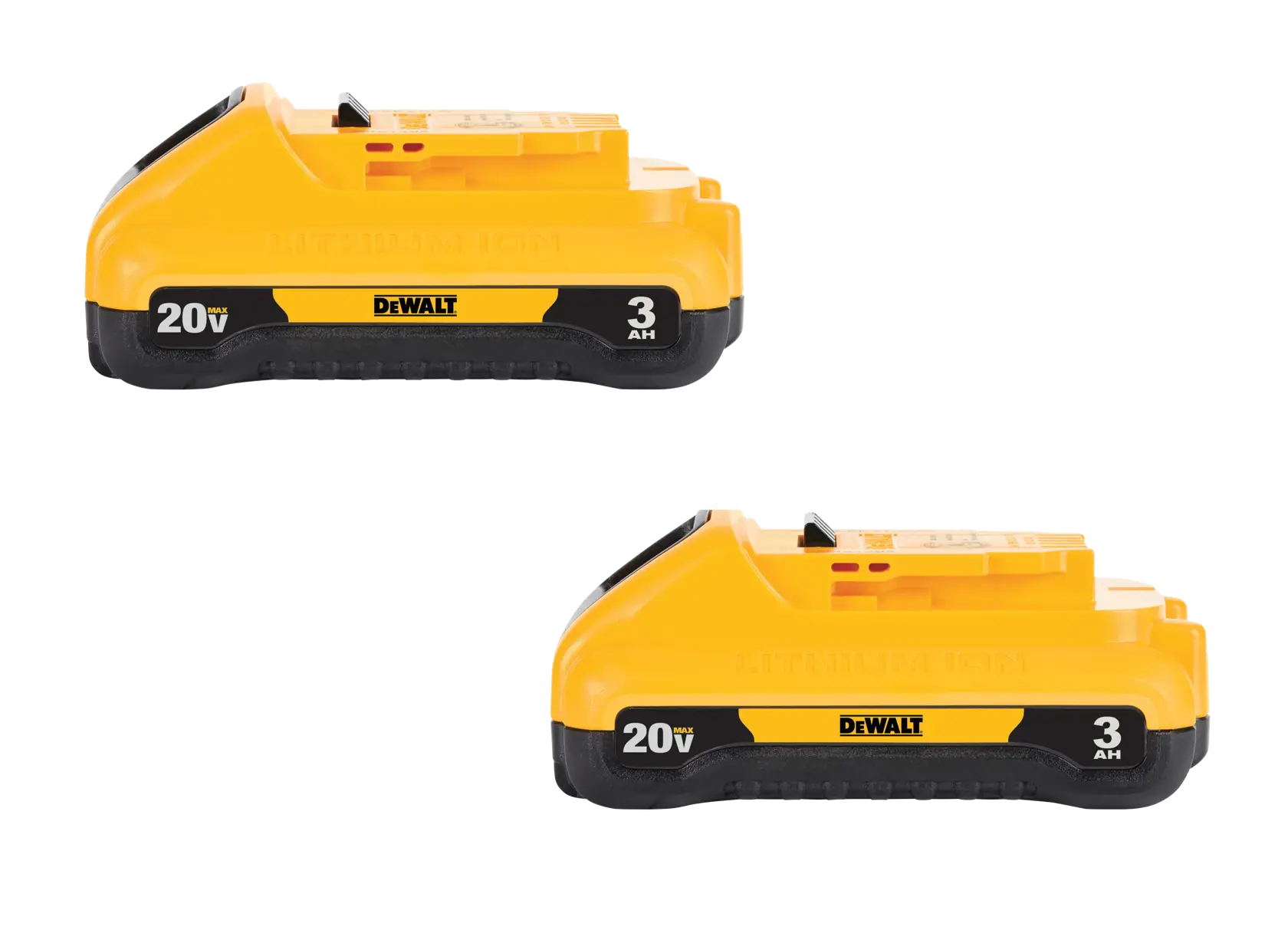 Two DEWALT 20V 3Ah lithium-ion batteries, yellow and black, shown side by side.