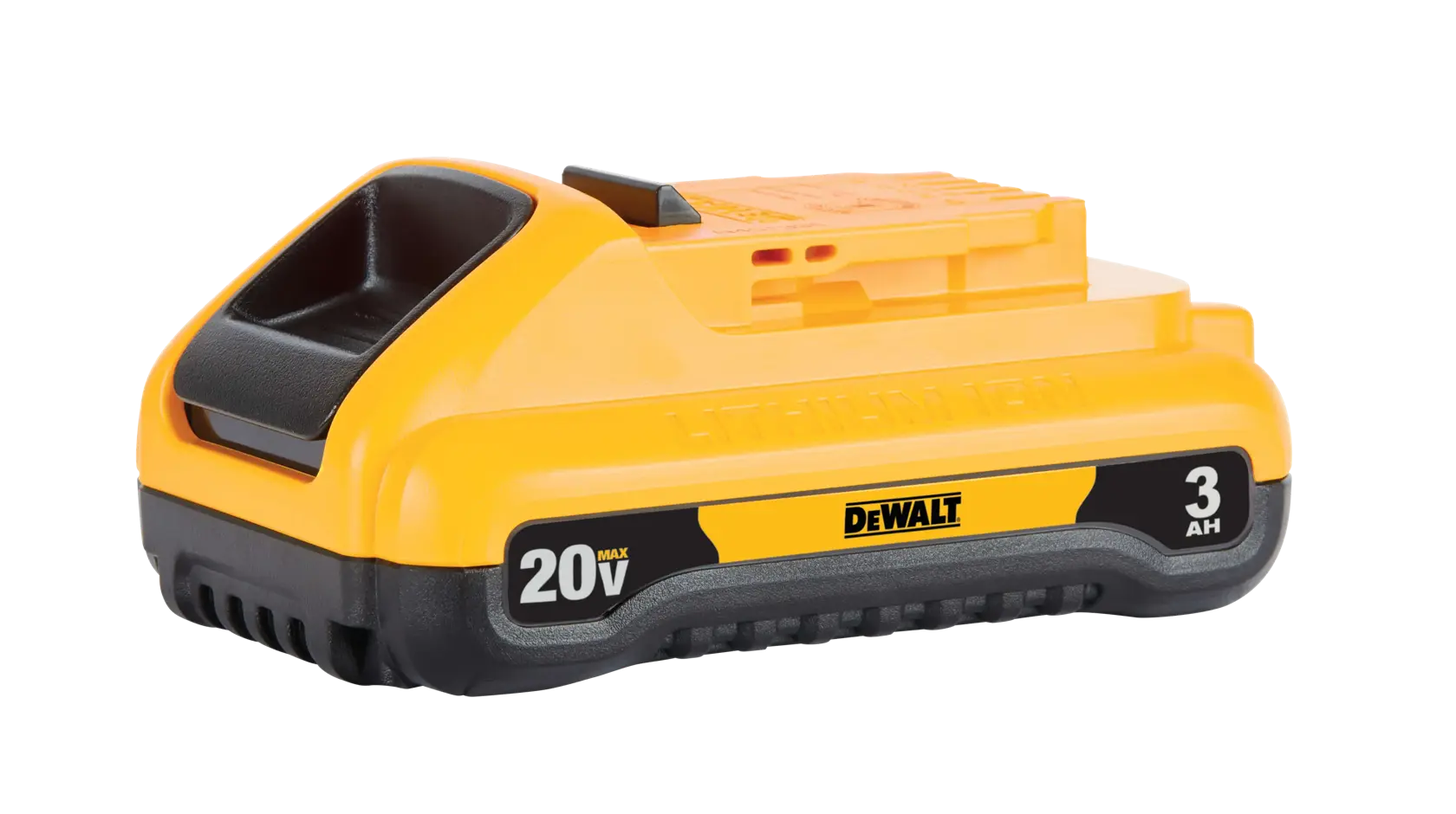 A yellow and black DEWALT 20V lithium-ion battery with 3 amp hour capacity. The battery is shown isolated against a white background.