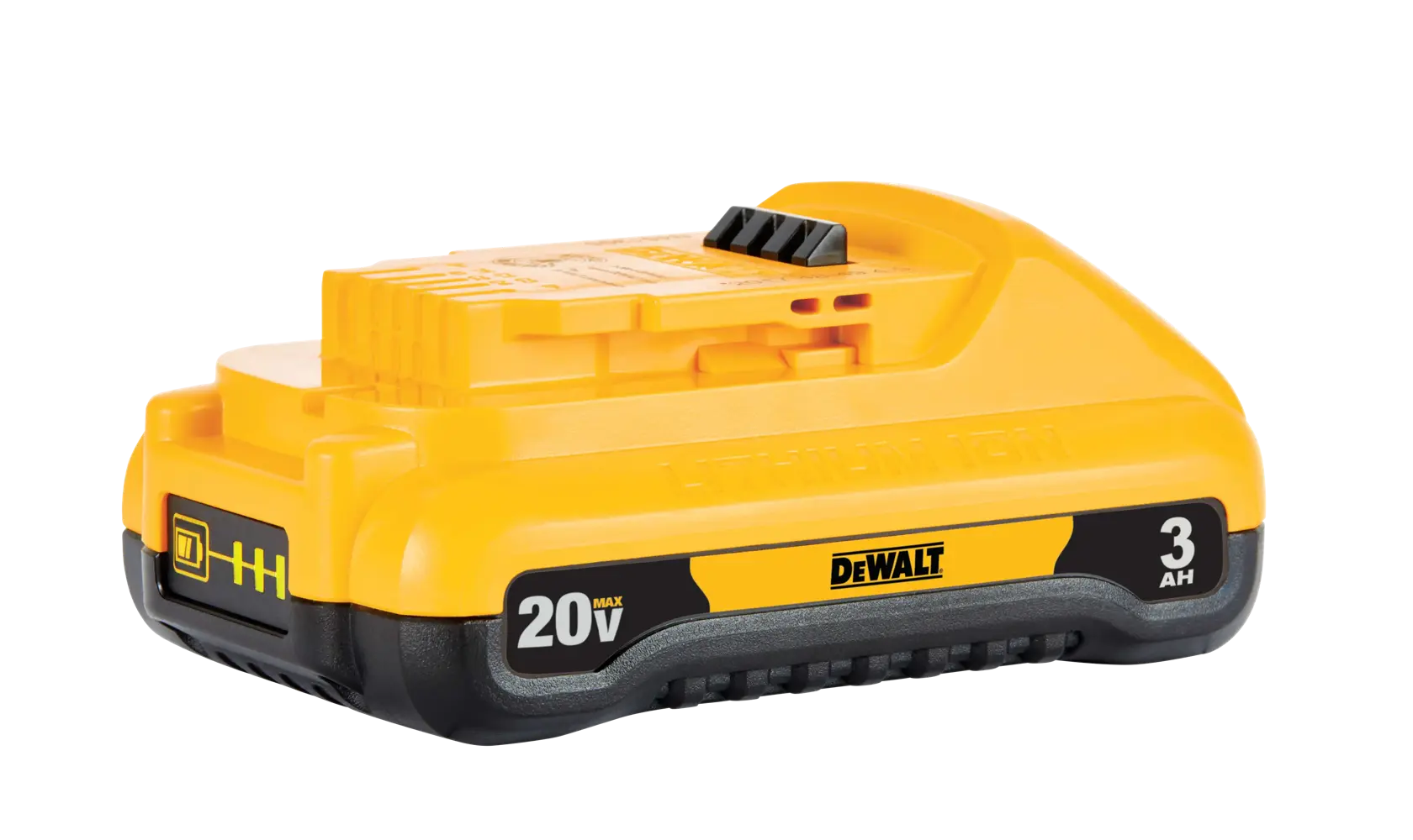 A DEWALT 20V MAX Lithium-Ion 3Ah battery pack, shown in yellow and black, designed for power tools.