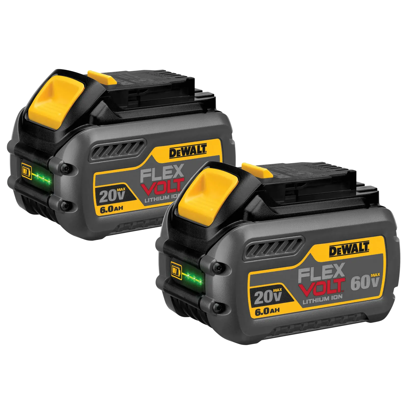 Front view of two 20 Volt to 60 Volt 6 AMP hours Lithium-Ion Batteries