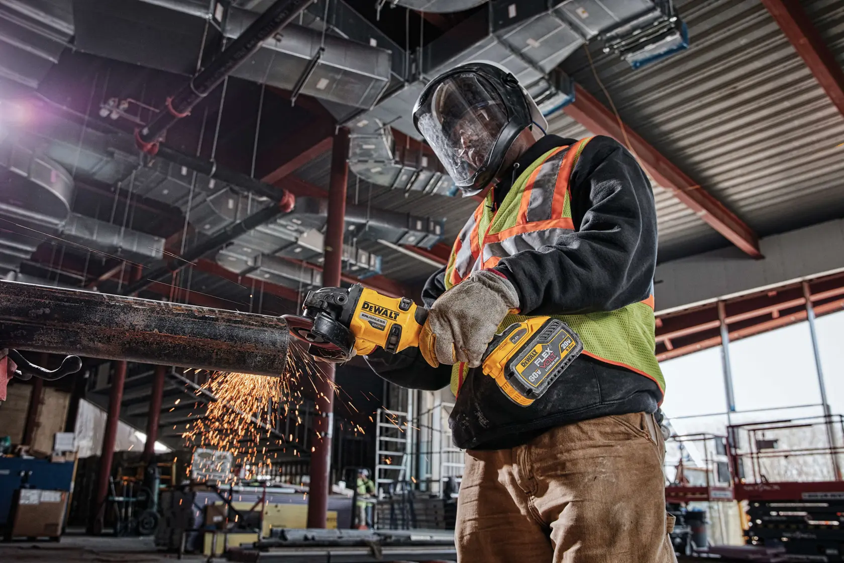 20 Volt to 60 Volt 9 AMP hours Lithium-Ion Battery-powered Polishing Tool being used by a construction worker to polish a metal rod at a construction site